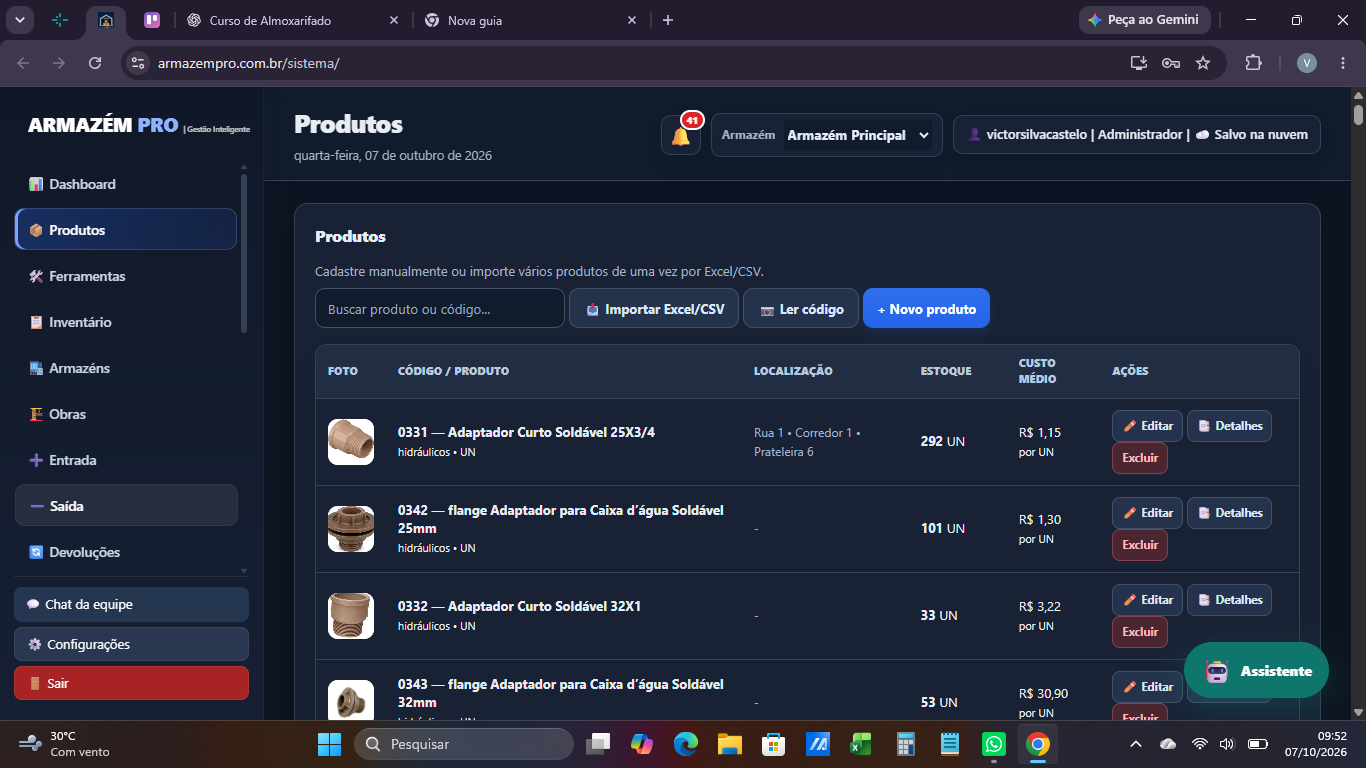 Tela de Produtos do Armazém Pro