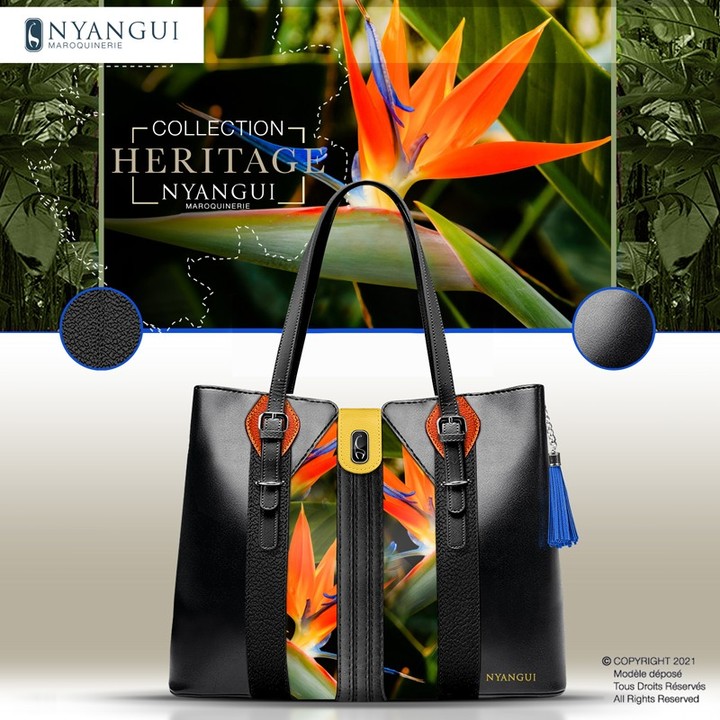 Sac de la collection Héritage de Nyangui Maroquinerie inspiré de l’oiseau de paradis
