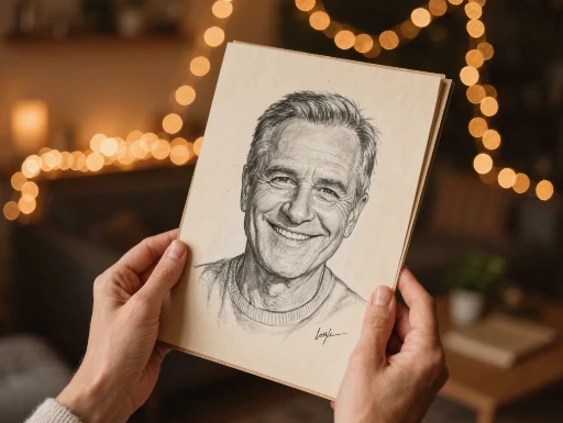 Hand-drawn pencil sketch of a man held in a woman’s hands