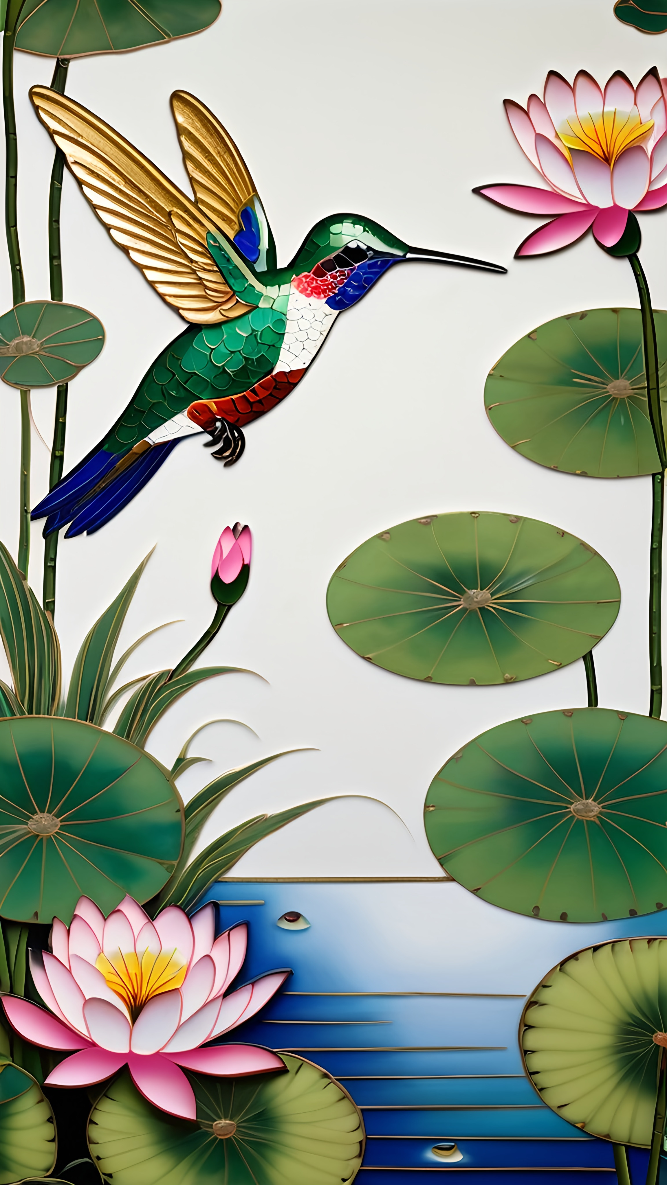 Prompt: A vibrant hummingbird, adorned with iridescent greens, reds, and blues, hovers gracefully near blooming pink lotuses amidst a serene aquatic backdrop. The meticulously designed feathers shimmer in the light, each scale reflecting hues of color that enhance its delicate and energetic posture. Surrounding the bird are lush green lily pads, their rounded leaves floating atop a tranquil blue water surface that fades into soft ripples. The overall composition combines intricate details and smooth lines, creating a harmonious blend of natural beauty while evoking a sense of tranquility and life in a stylized, artistic form.