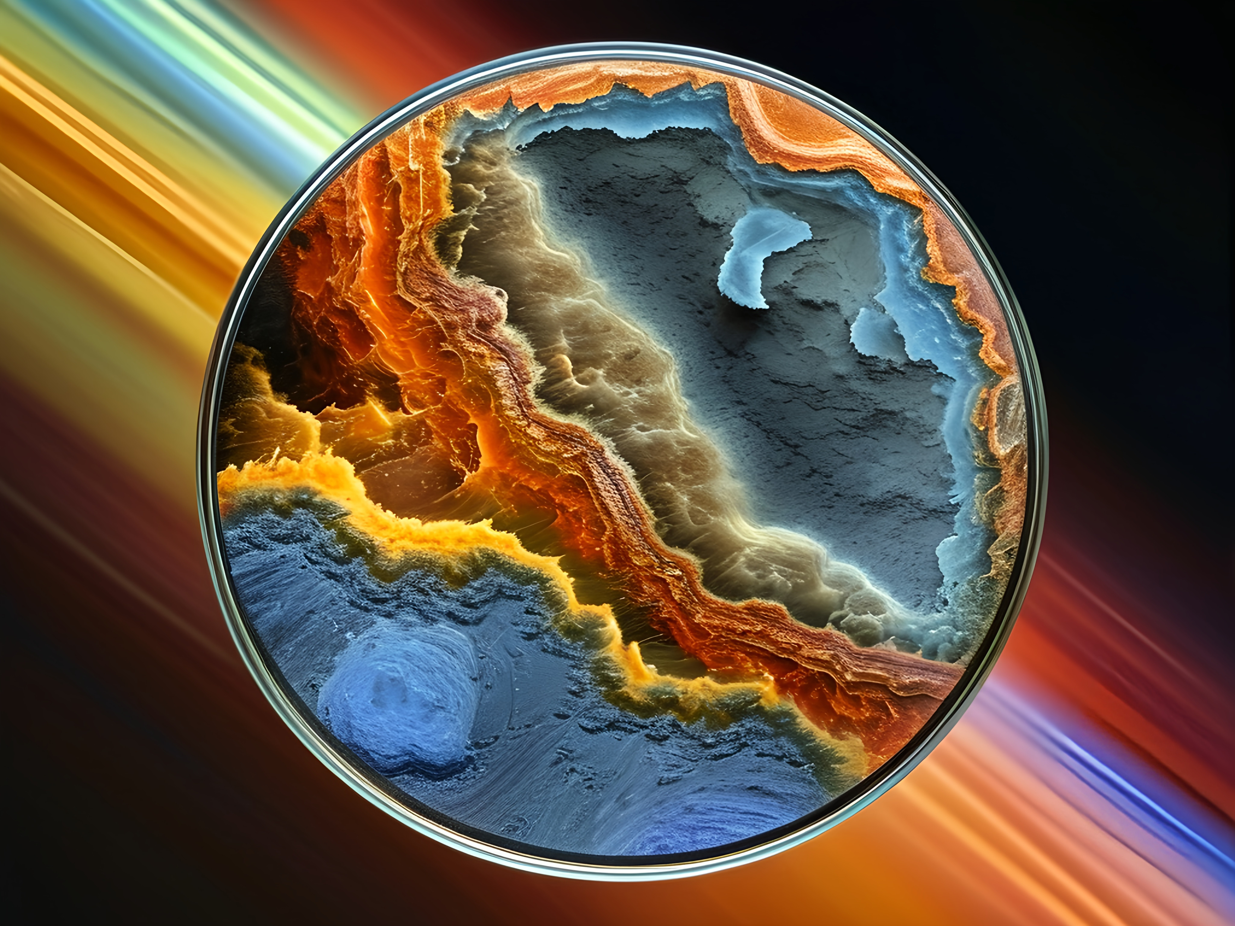 Prompt: Resembling a cosmic landscape, the circular cross-section of a geological formation depicts vibrant swirling patterns of orange, blue, and earthy tones, as if capturing the essence of a distant planet's surface. The texture showcases intricate layers that meld together, suggesting a rich history of geological processes. Surrounding this centerpiece, colors radiate outward in dynamic streaks of light, with blue and gold hues blending seamlessly against a dark backdrop. This captivating composition combines elements of abstraction and realism, evoking a sense of wonder and exploration as if peering into the depths of the Earth or beyond. The interplay of colors and textures conveys a mood of mystery and beauty, inviting contemplation on the natural world's complexity.