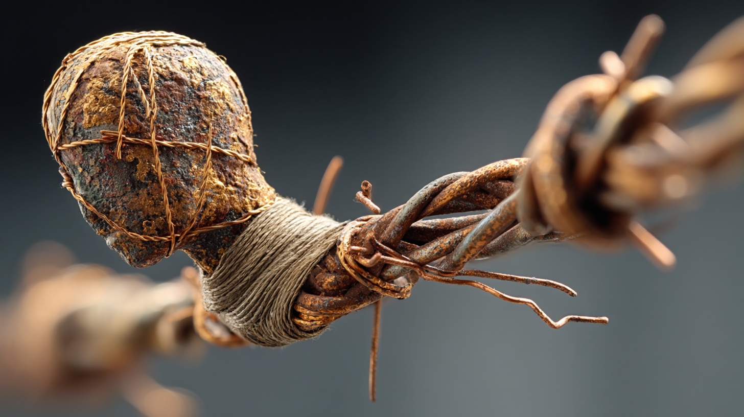 Prompt: artistic barbwire copper human figurine, with dramatic lighting, shadow play, and a creatively arranged background to enhance the artistic feel, focusing on the intricate details and textures