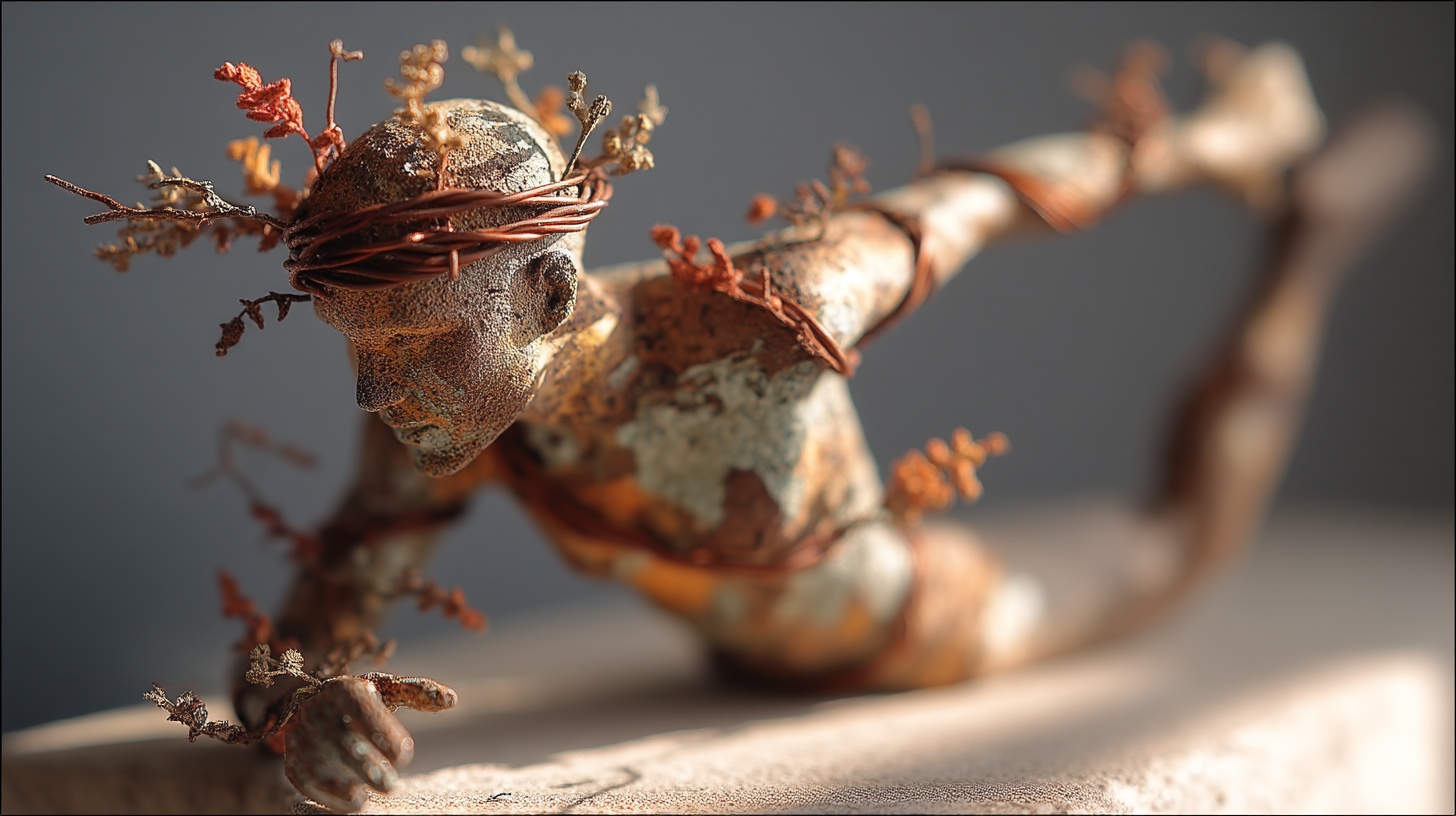 Prompt: artistic barbwire copper human figurine, with dramatic lighting, shadow play, and a creatively arranged background to enhance the artistic feel, focusing on the intricate details and textures