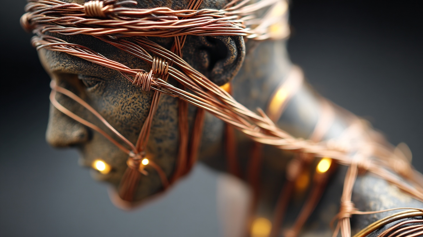 Prompt: artistic barbwire copper human figurine, with dramatic lighting, shadow play, and a creatively arranged background to enhance the artistic feel, focusing on the intricate details and textures