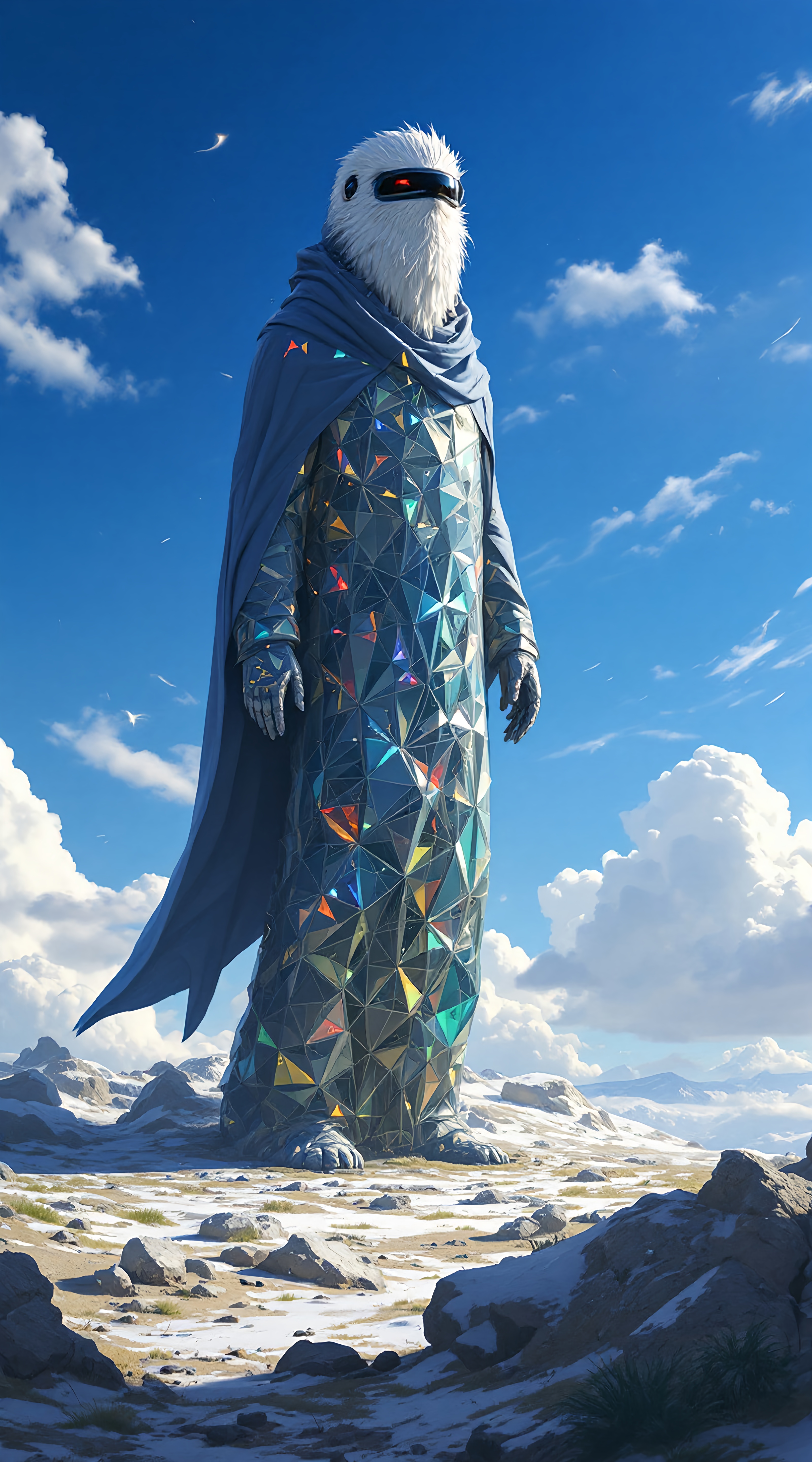 Prompt: Towering majestically against the backdrop of a bright blue sky, a colossal figure stands on a snow-dusted landscape, blending elements of the fantastical and futuristic. This imposing entity, reminiscent of a humanoid with a bird-like head adorned with a fluffy white crest, wears a flowing cloak and is covered in a shimmering, multifaceted surface that reflects a spectrum of colors, evoking a prism-like effect. The scene is punctuated by scattered rocks and patches of grass, hinting at a blend of rugged terrain and ethereal beauty, while fluffy clouds drift lazily overhead, enhancing the overall sense of otherworldliness. The sharp contrasts in the light, coupled with the crystalline textures of the figure, create a stunning visual narrative that speaks to themes of wonder and the intersection of nature and technology.