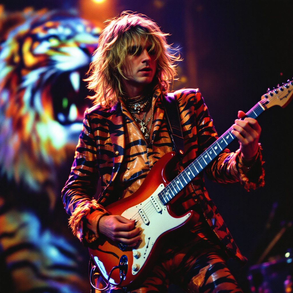 Prompt: Under a dazzling array of stage lights, a guitarist captivates the audience, his vibrant outfit reminiscent of a tiger's stripes, which harmonizes with the larger-than-life tiger imagery projected behind him. The musician, with wavy, tousled hair, exudes an electrifying energy as he passionately plays his red electric guitar, fingers deftly navigating the frets. The scene is enriched by a dynamic interplay of bold colors—deep oranges and blacks from his attire contrast sharply with the glowing lights and the fierce animal backdrop, setting a thrilling atmosphere. The overall composition is visually striking, drawing the viewer's eye to both the performer and the wild imagery, evoking a sense of untamed spirit and rock 'n' roll bravado.