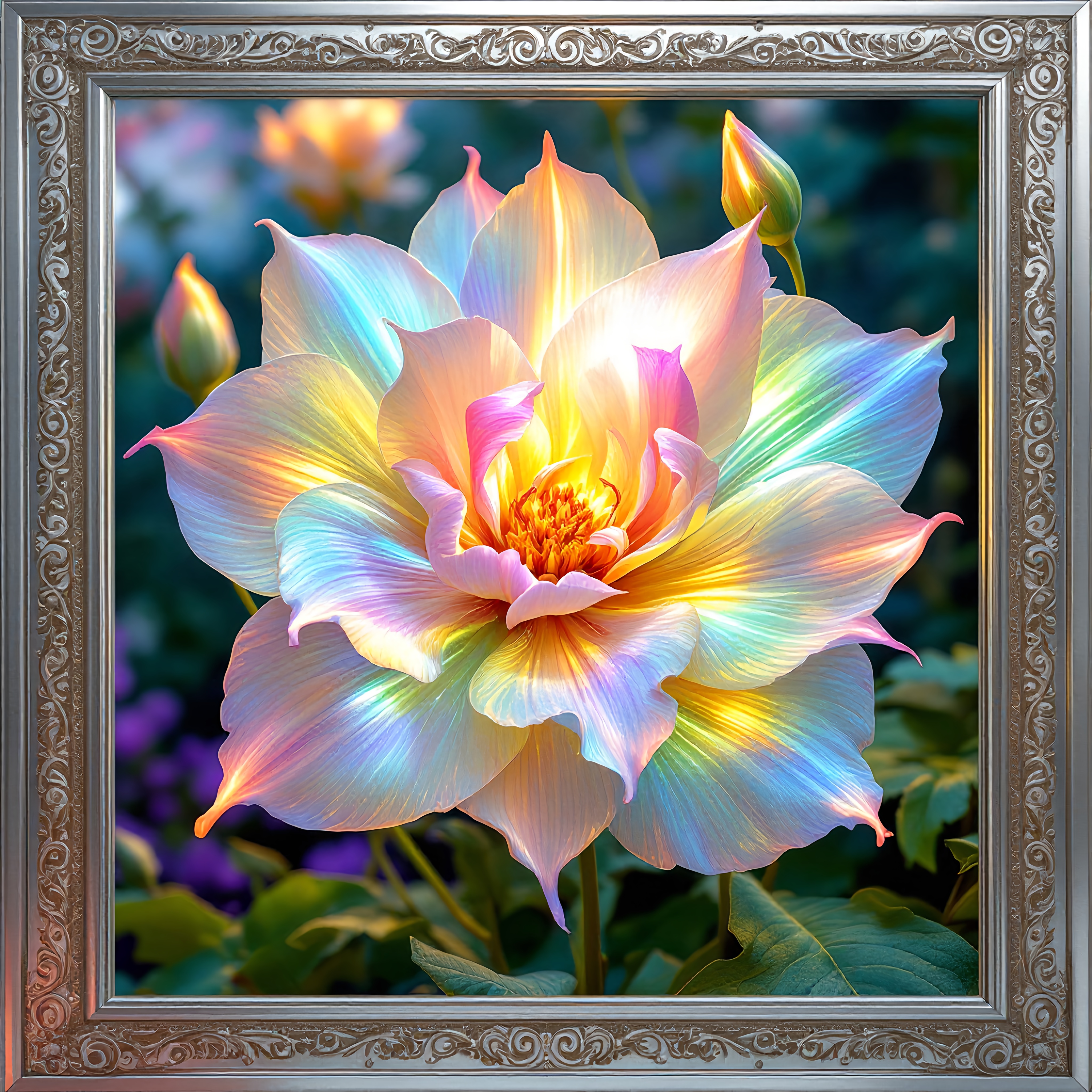 Prompt: Radiating vibrant hues, the magnificent flower unfurls its luxurious petals, displaying a kaleidoscope of colors that shimmer with iridescence. The delicate pinks, soft lavenders, and brilliant yellows blend harmoniously, creating a stunning visual spectacle against a softly blurred background of lush greenery and muted purple blossoms. Framed elegantly in an ornate silver border, the flower appears as if it were a living jewel, capturing the warm glow of sunlight filtering through its petals. The overall effect is one of enchanting beauty and tranquility, evoking a sense of wonder at the natural world's artistry. The scene conveys a dreamlike quality, inviting viewers to appreciate the extraordinary intricacies of nature.