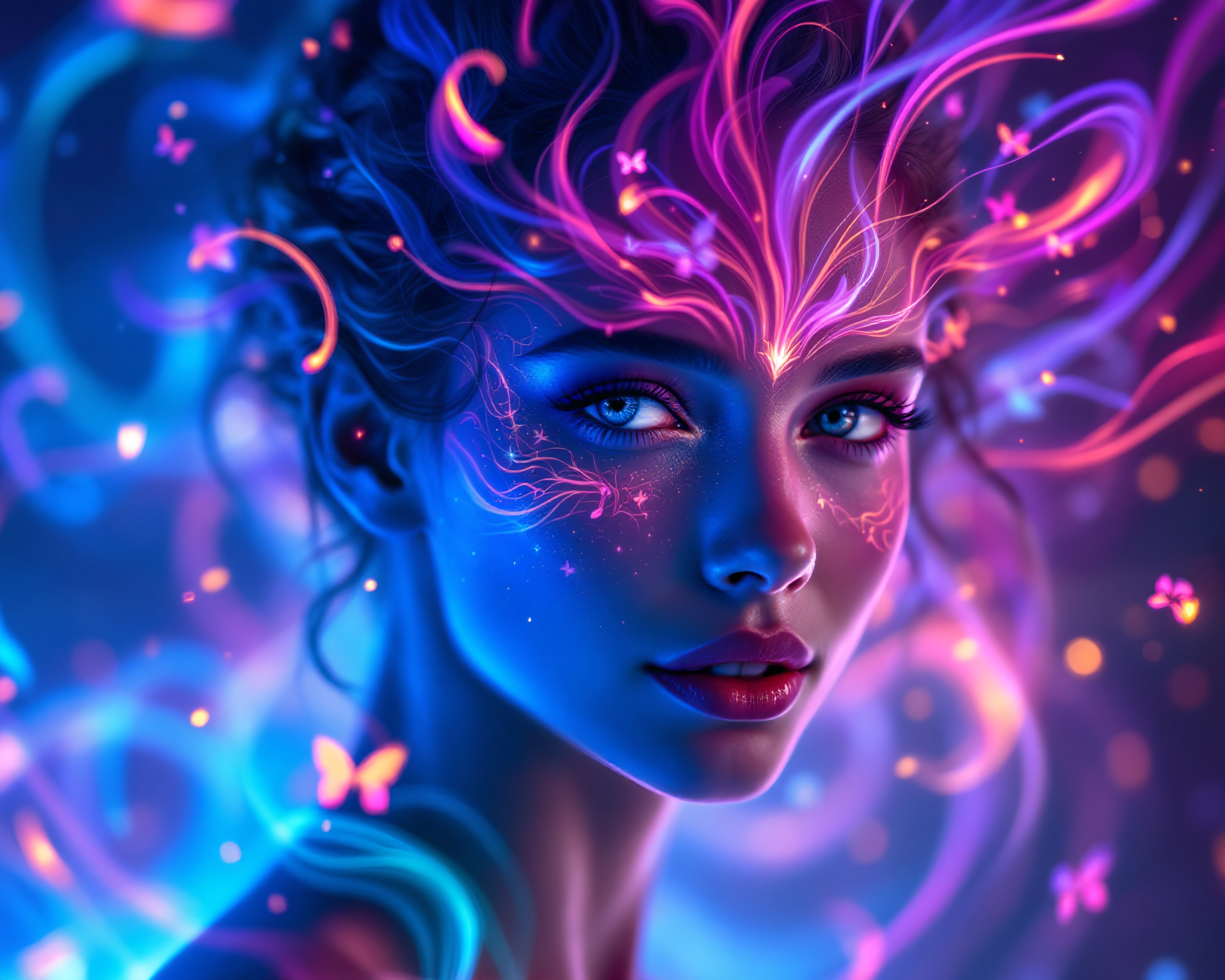 Prompt: A mesmerizing figure captivates attention with her ethereal beauty, framed against a backdrop infused with vibrant hues of blue and purple. Her hair, adorned with swirling patterns of light and delicate butterflies, flows whimsically, accentuating a surreal quality. The striking contrast between her luminous skin and the enchanting glow of the artwork highlights intricate details of cosmic designs on her face, enhancing her expressive features and piercing gaze. Soft, dreamlike colors create a harmonious atmosphere, evoking a sense of wonder and enchantment, as if she embodies a spirit of magic or fantasy in a transcendent realm. This imaginative composition invites viewers into a world where beauty and whimsy intertwine, illustrating a dance between light and the extraordinary.