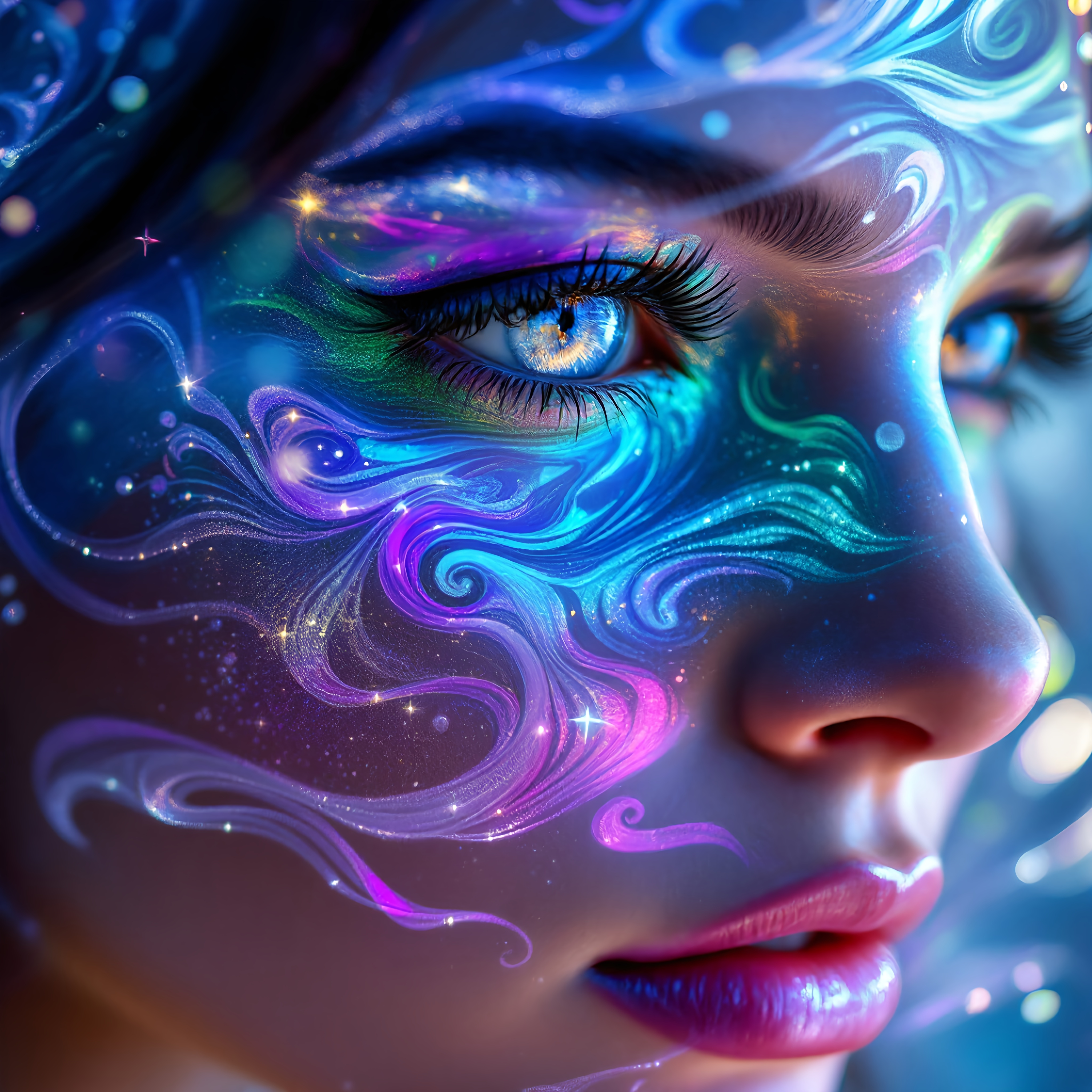 Prompt: A mesmerizing close-up reveals a face adorned with vibrant, swirling patterns that shimmer with iridescent blues, purples, and greens, evoking a cosmic atmosphere. The striking features, including vividly articulated eyes reflecting a galaxy, draw immediate attention, while delicately textured lips glisten softly in the light. The artistry captures a dreamlike essence, blending human beauty with elements of the universe, creating a harmonious connection between skin and spectacle. The soft, ethereal lighting enhances the otherworldly mood, making the subject appear as if she is part of a fantastical narrative, inviting viewers into a world where reality and imagination intertwine.