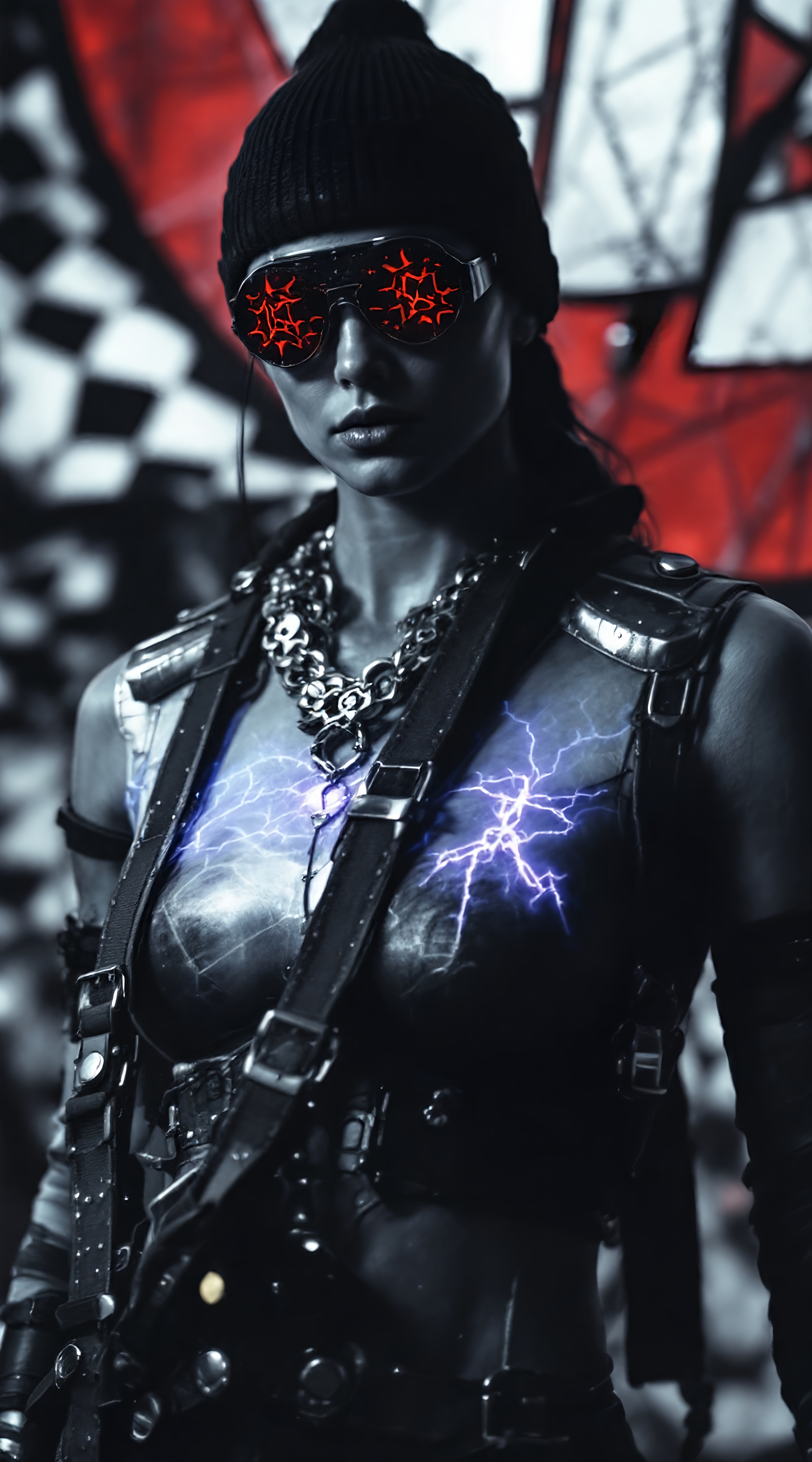 Prompt: A striking figure stands in an electrifying blend of dark tones and vibrant effects, her body adorned with straps and chains that emphasize a futuristic aesthetic. The subject's expression is intense, framed by a black beanie that adds to her edgy persona, while her oversized glasses reflect a unique red pattern, imparting a cyberpunk vibe. Around her chest, glowing blue lightning motifs contrast starkly against her bare skin, creating a dramatic focal point that draws the eye. The background features an abstract mix of red hues and geometric patterns, enhancing the sense of a gritty urban environment. This image conveys a sense of power and rebellion, capturing the spirit of a dystopian future.