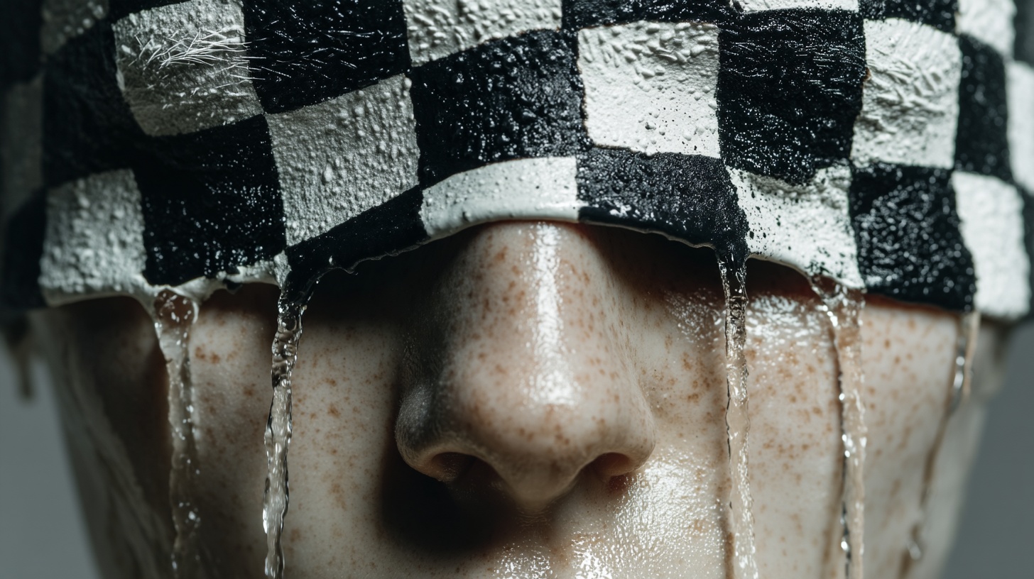 Prompt: checkerboard liquid pouring over striped head