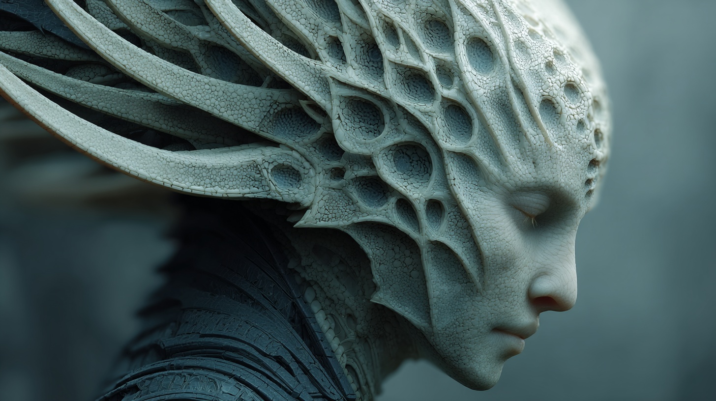 Prompt: surreal organic 3d alien emerge from the dark, extreme depth of field