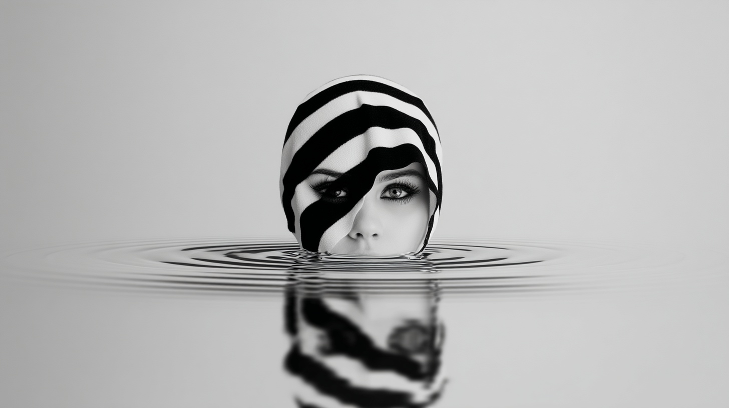 Prompt: striped face emerge from the striped liquid