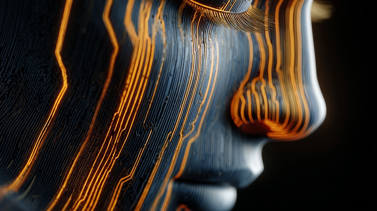 Prompt: Digital human face with a similar style to a circuit board, featuring vibrant neon lines in blue and orange against a black background with vertical lines. The face should be symmetrical, with the lines forming the contours and features of the face in a continuous flow. The image should evoke a sense of futuristic digital art and technology, with a strong contrast between the bright neon lines and the dark background.