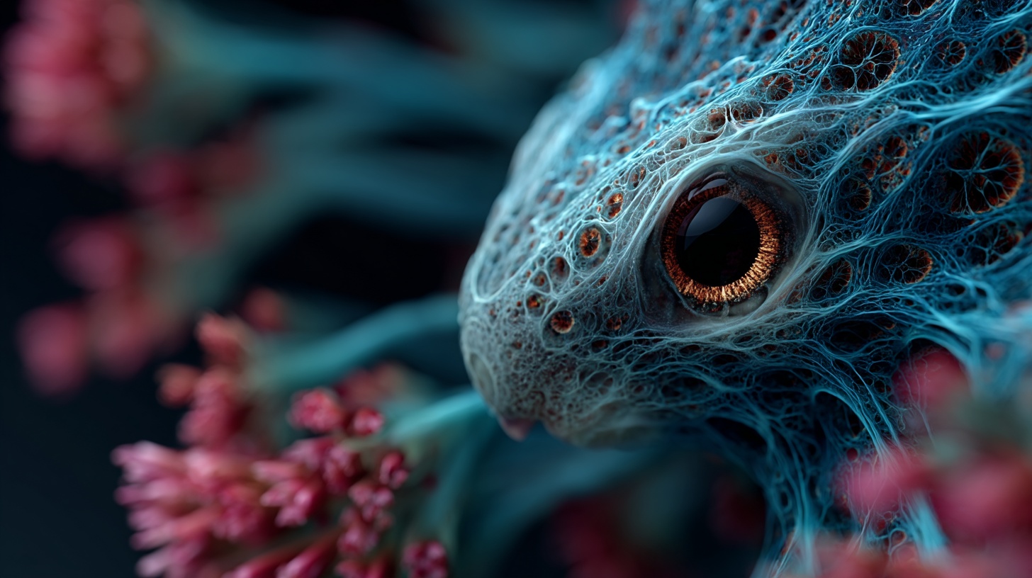Prompt: surreal organic 3d alien emerge from the dark, extreme depth of field