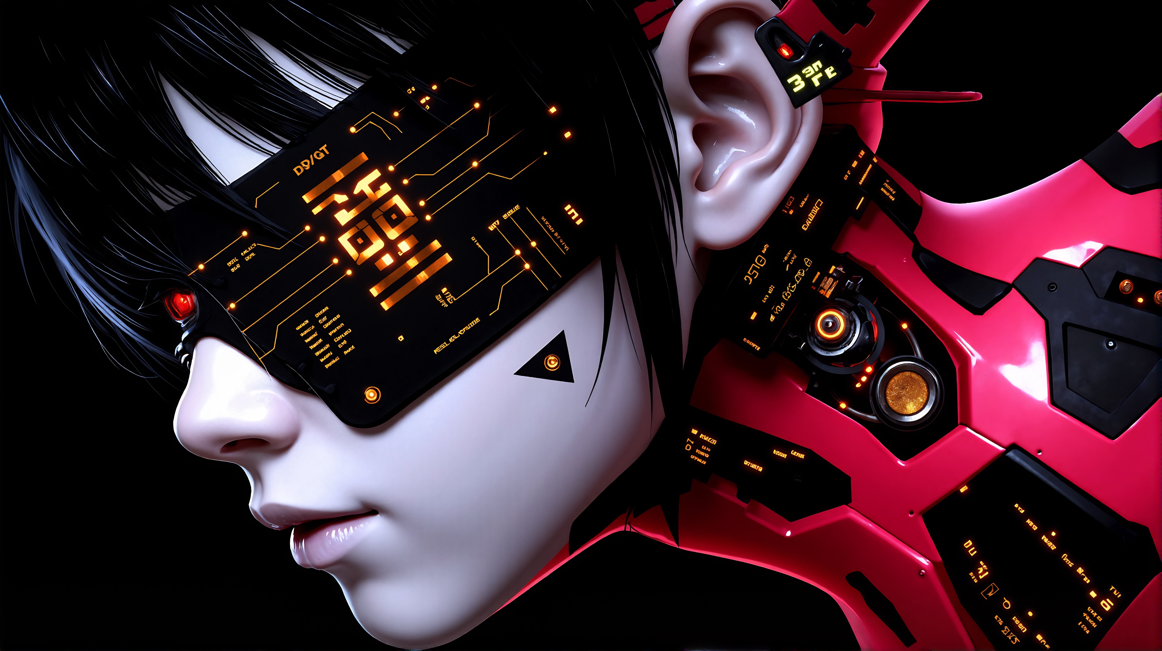 Prompt: a futuristic android face in a circuit concept, in the style of illusory hyperrealism, bold, black lines, neo-academism, scott adams, digital as manual, data visualization