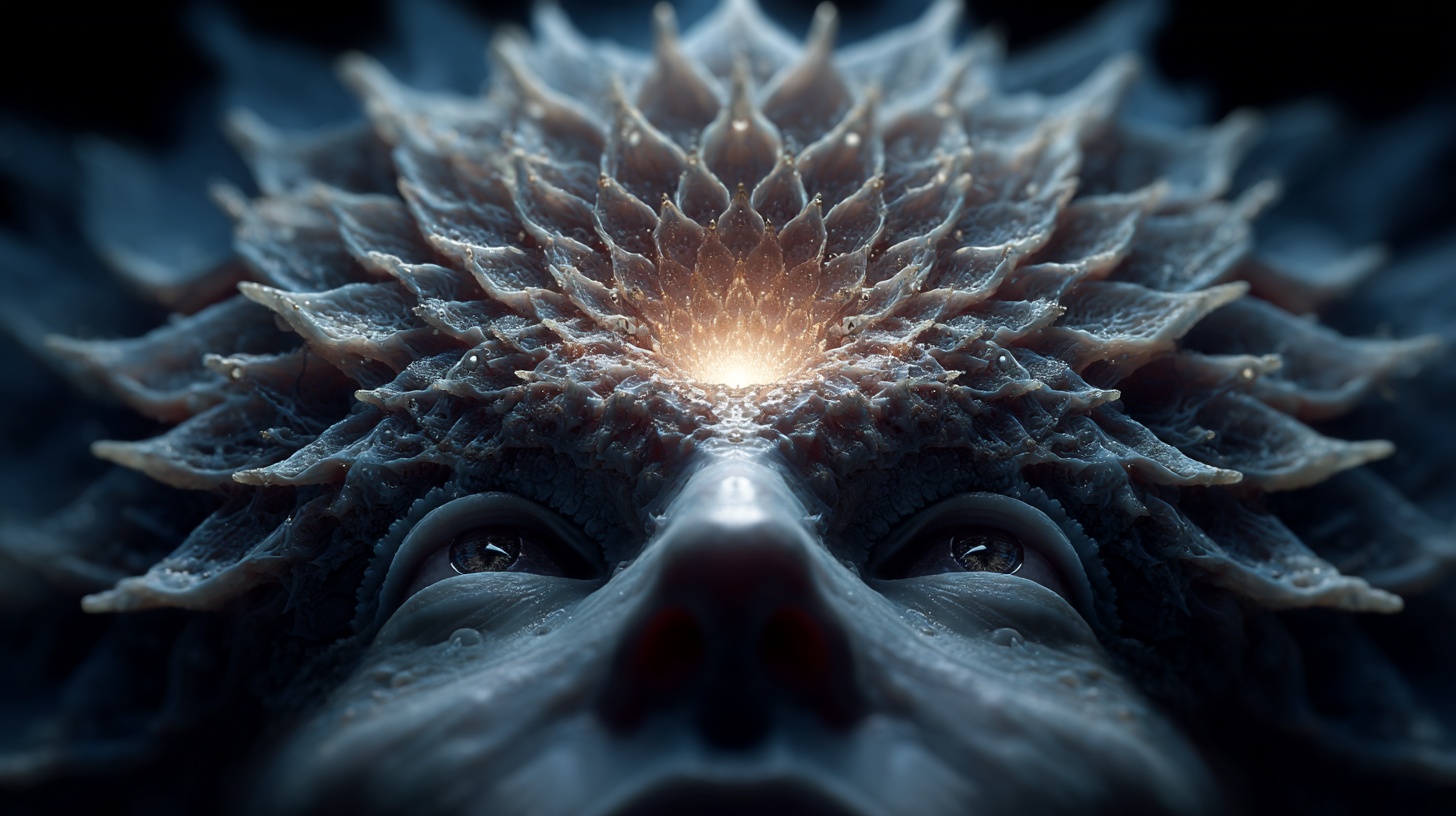 Prompt: surreal organic 3d alien emerge from the dark, extreme depth of field