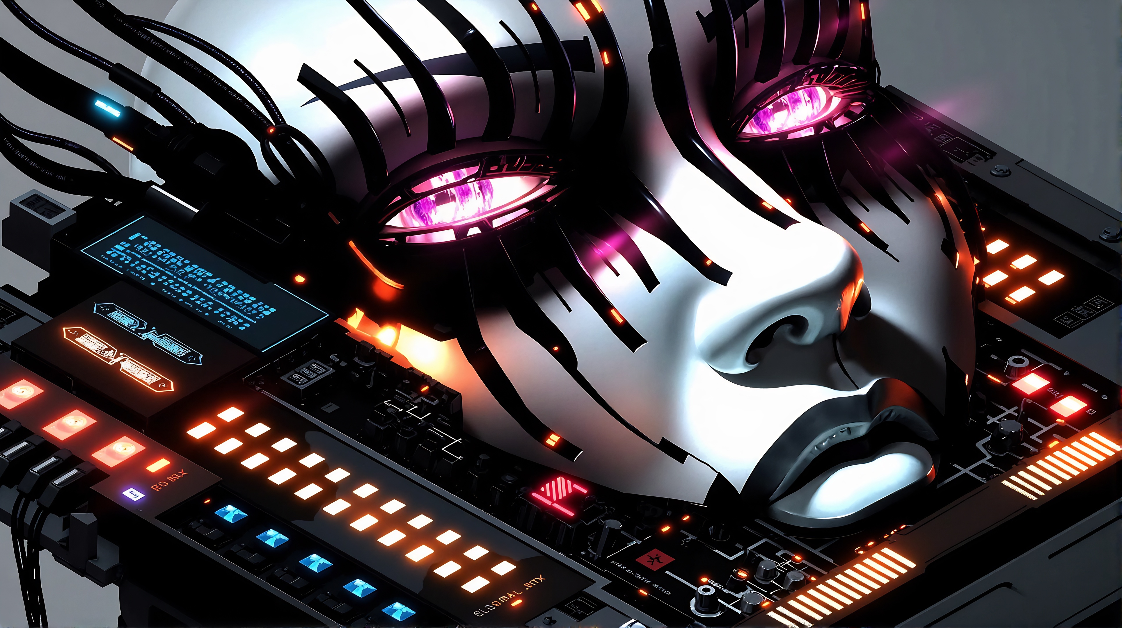 Prompt: a futuristic android face in a circuit concept, in the style of illusory hyperrealism, bold, black lines, neo-academism, scott adams, digital as manual, data visualization
