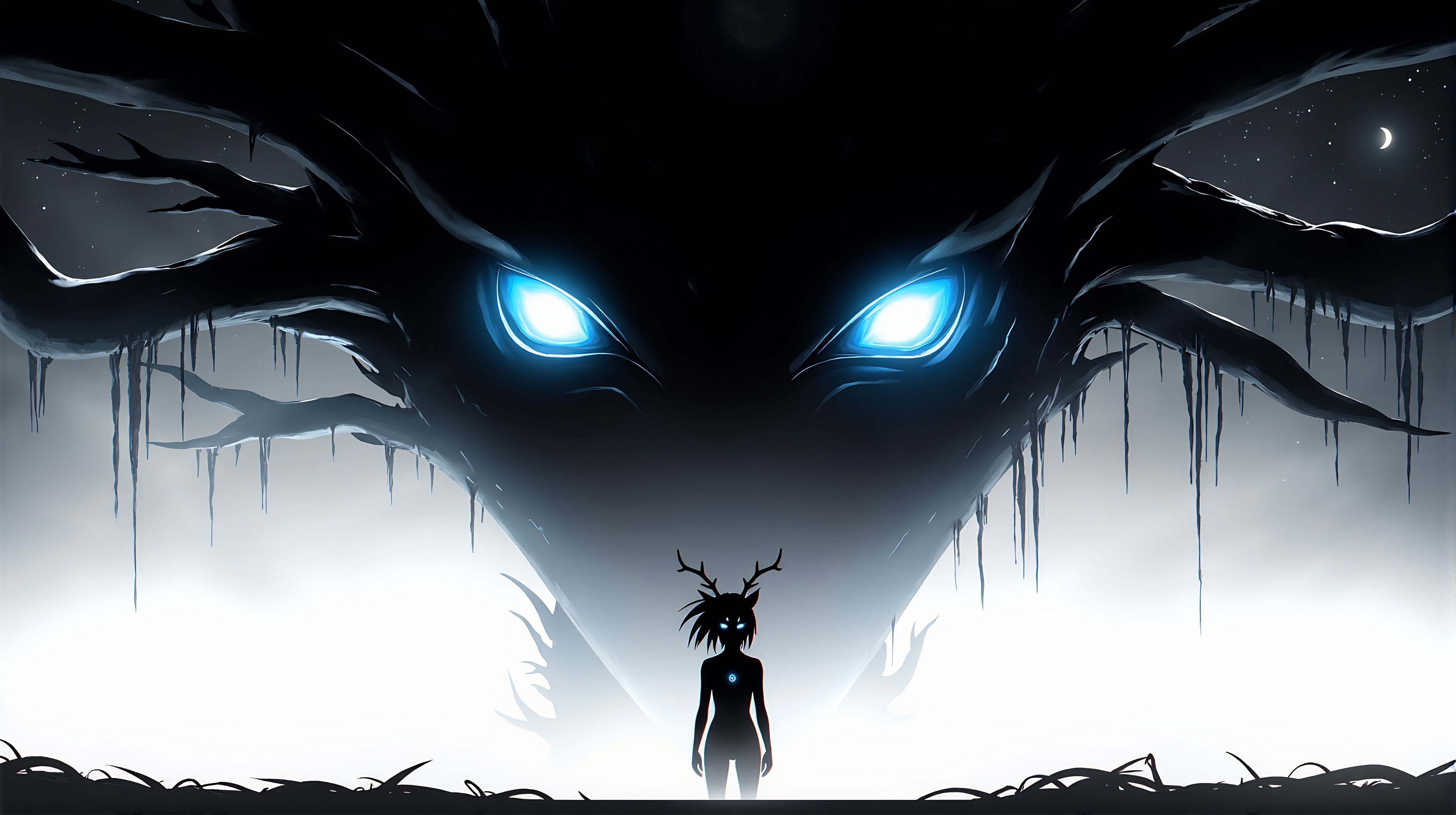 Prompt: A glowing-eyed forest spirit with antlers, standing in a misty, haunted woodland. Bioluminescent markings flow across its body like ancient runes. The creature is a dark silhouette with flowing tendrils, merging into twisted tree shapes. Cinematic lighting, high contrast, eerie green-blue glow, moody digital painting style, supernatural atmosphere.