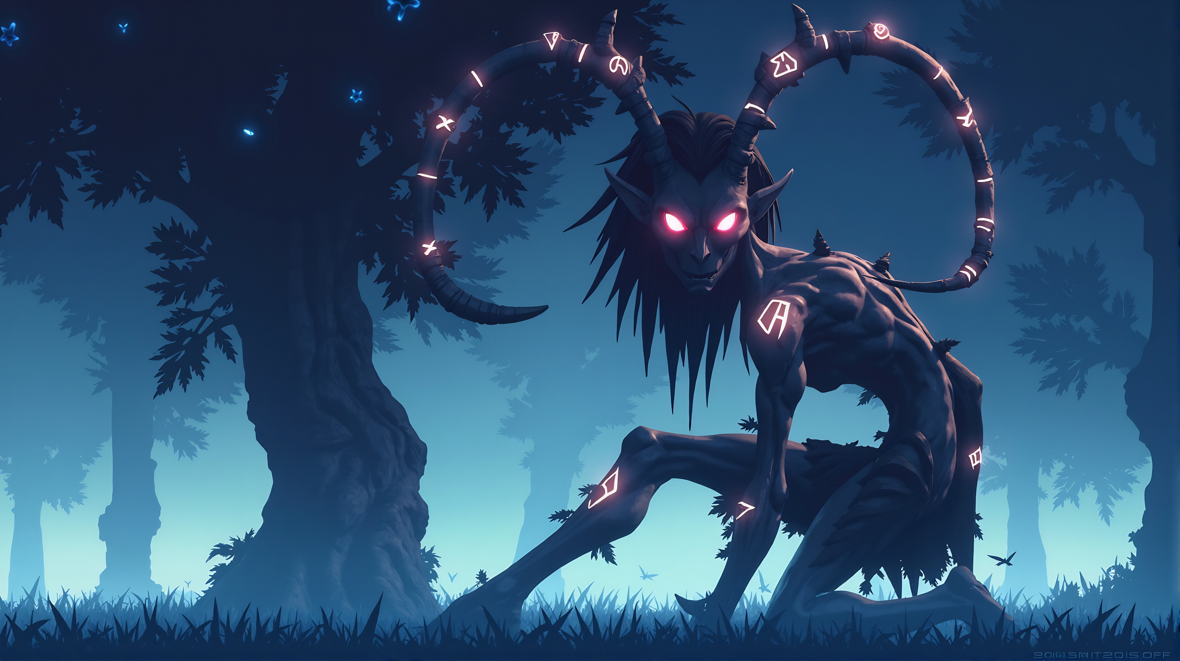 Prompt: A glowing-eyed forest spirit with antlers, standing in a misty, haunted woodland. Bioluminescent markings flow across its body like ancient runes. The creature is a dark silhouette with flowing tendrils, merging into twisted tree shapes. Cinematic lighting, high contrast, eerie green-blue glow, moody digital painting style, supernatural atmosphere.