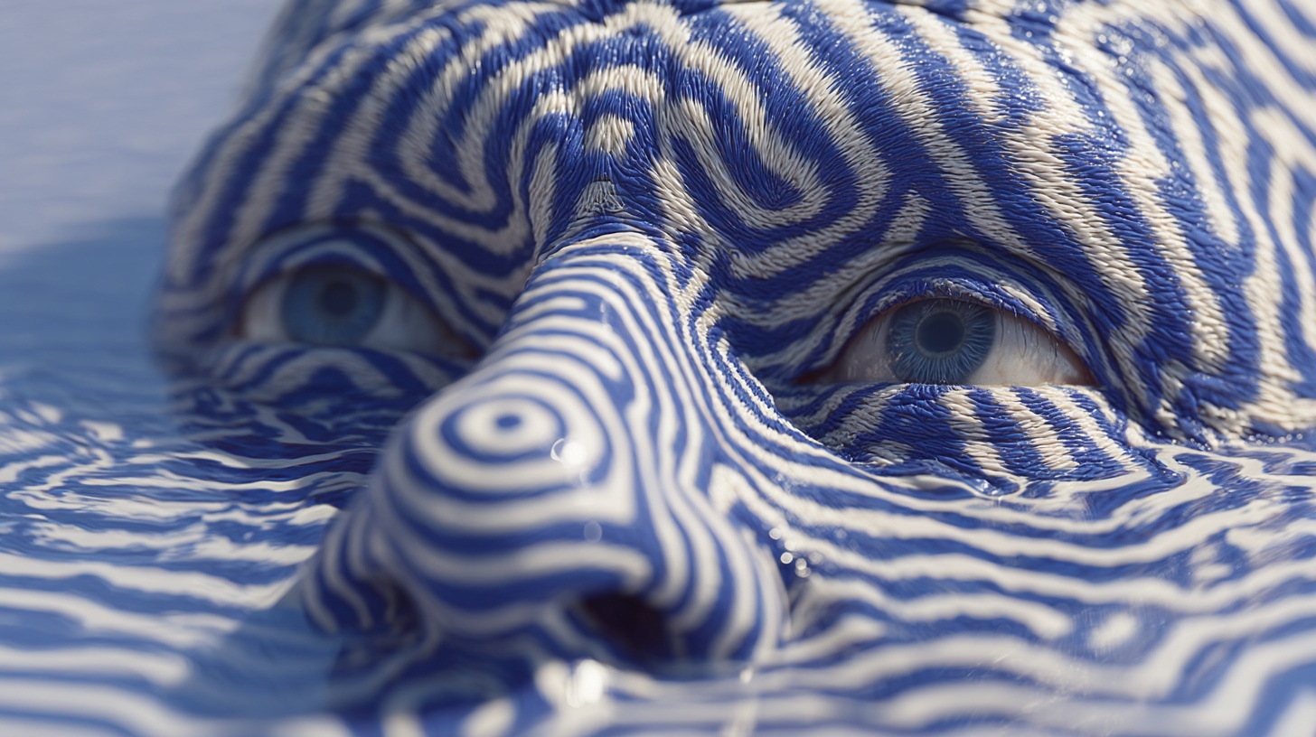 Prompt: striped face emerge from the striped liquid