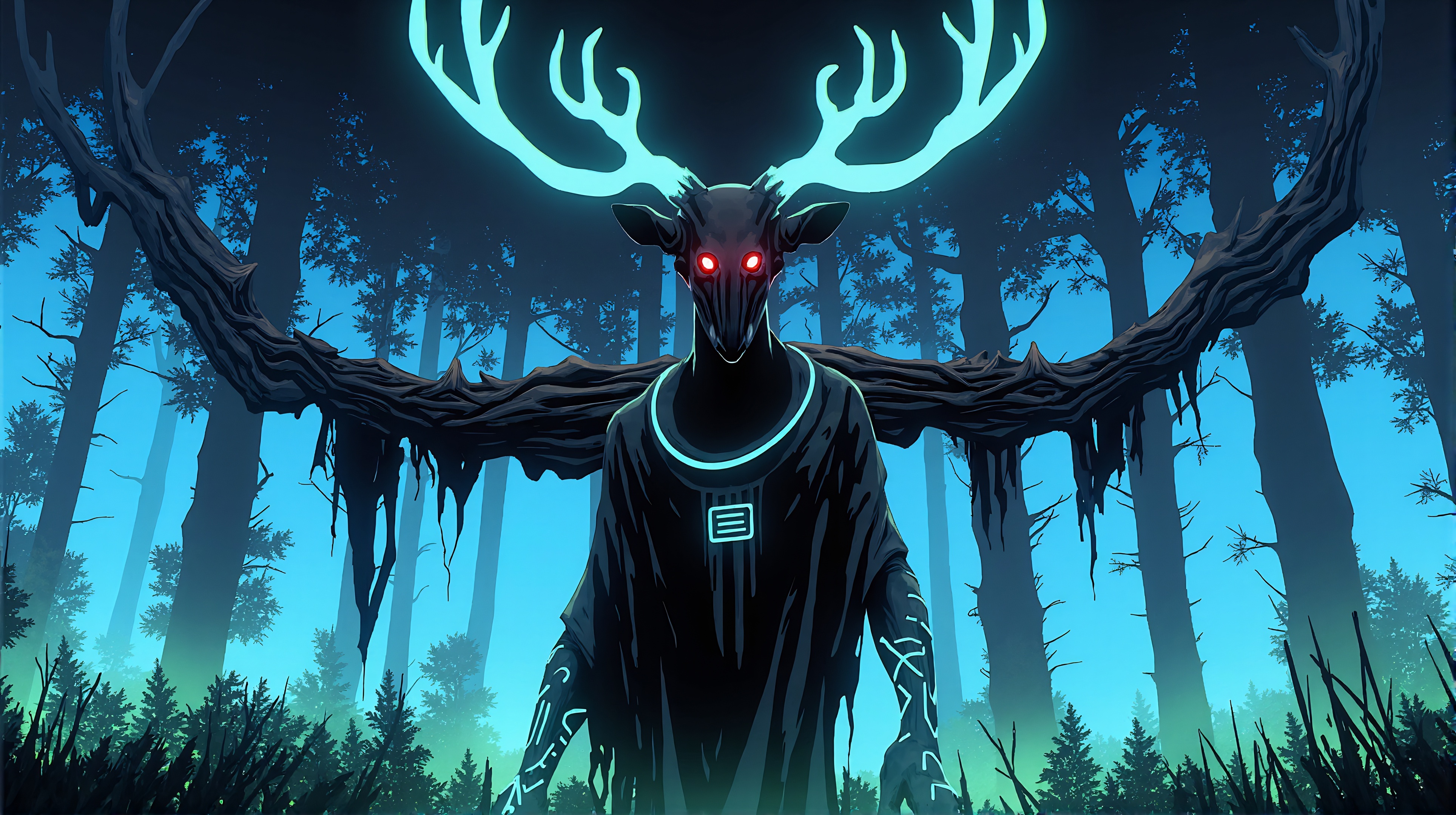 Prompt: A glowing-eyed forest spirit with antlers, standing in a misty, haunted woodland. Bioluminescent markings flow across its body like ancient runes. The creature is a dark silhouette with flowing tendrils, merging into twisted tree shapes. Cinematic lighting, high contrast, eerie green-blue glow, moody digital painting style, supernatural atmosphere.