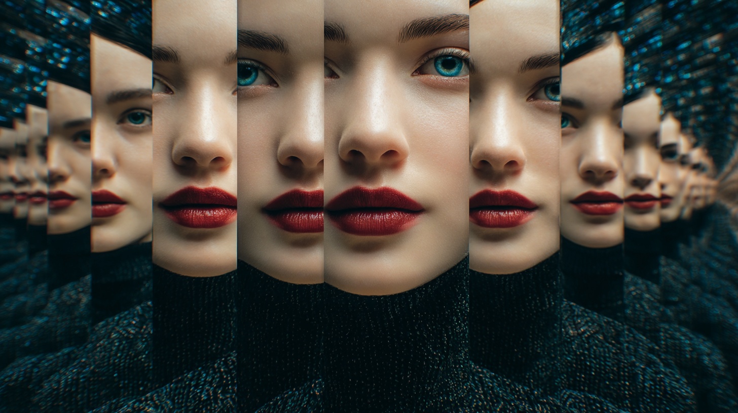 Prompt: A series of beautiful female faces in the style of digital surrealism. A symmetrical grid of a group of women with different eye colors and lips in front of an endless mirror maze.