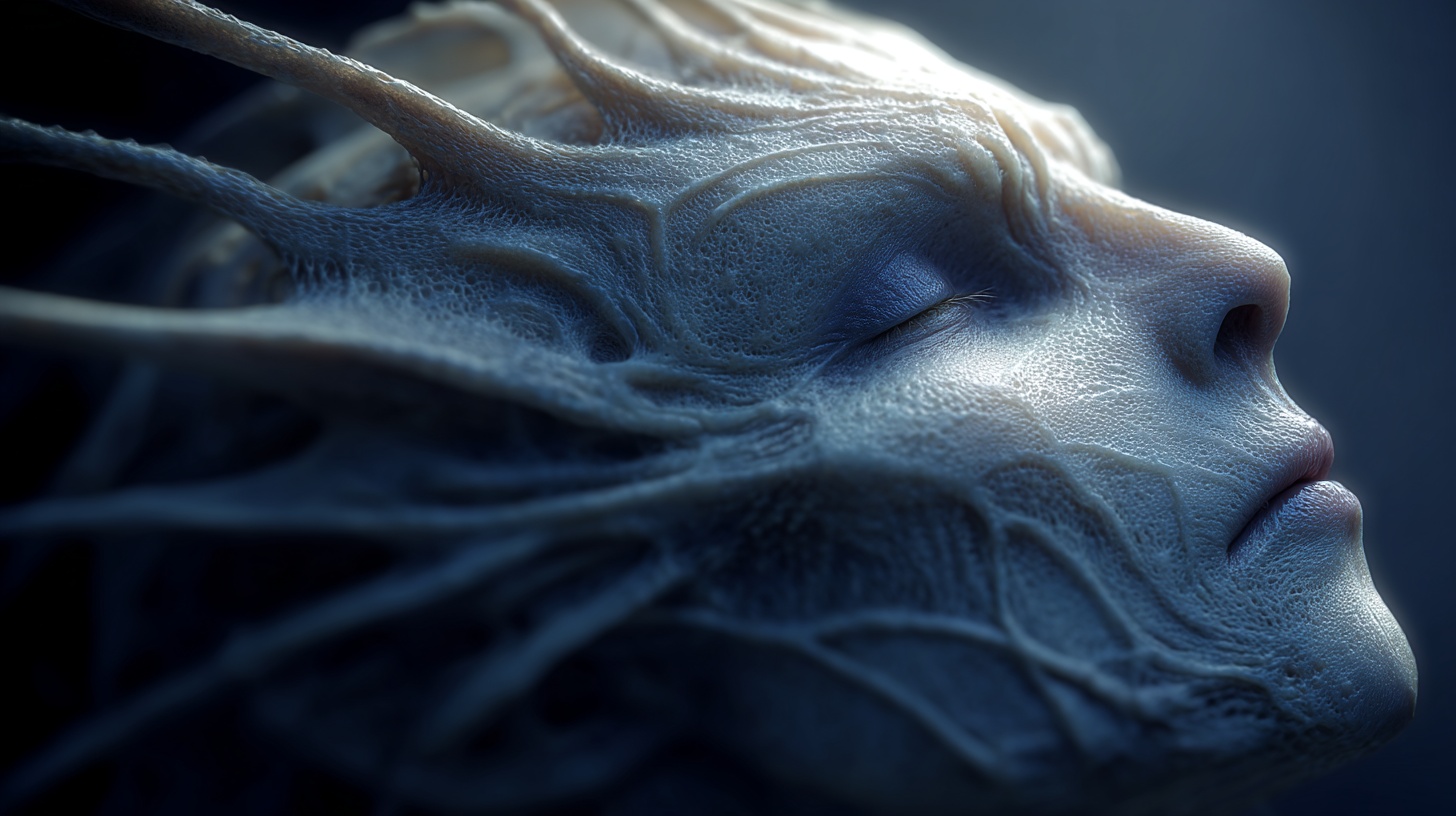 Prompt: surreal organic 3d alien emerge from the dark, extreme depth of field