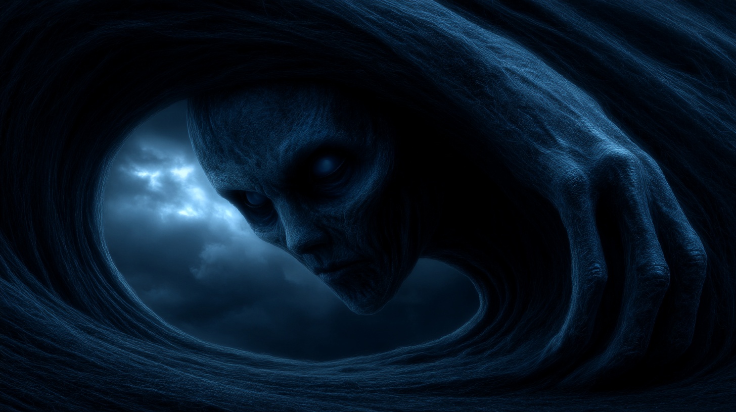 Prompt: Twisted, spectral forms, claw their way from a swirling vortex of shadows