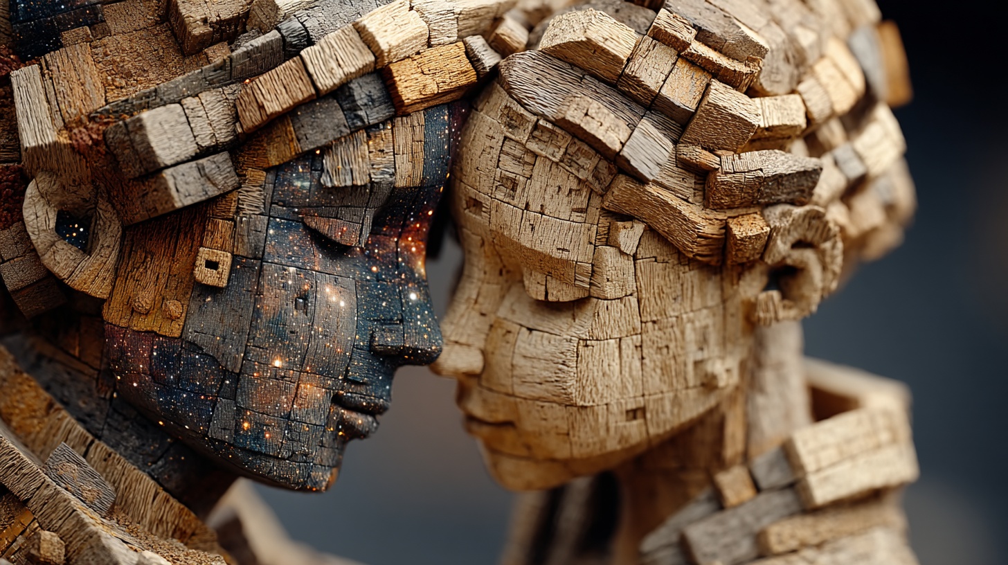 Prompt: Craft a 3D illustration with a macro photography feel, depicting a couple composed of blocks in an embrace, set against a sci-fi space backdrop. The figures should be rendered in light bronze and brown tones, suggesting the intricate work of a wood sculptor, with a focus on symmetry, harmony, and the interplay of stripes and shapes. The macro photo effect should provide an up-close view that captures the texture and detail of the materials, with a shallow depth of field blurring the cosmic background, all within a wide ratio frame.