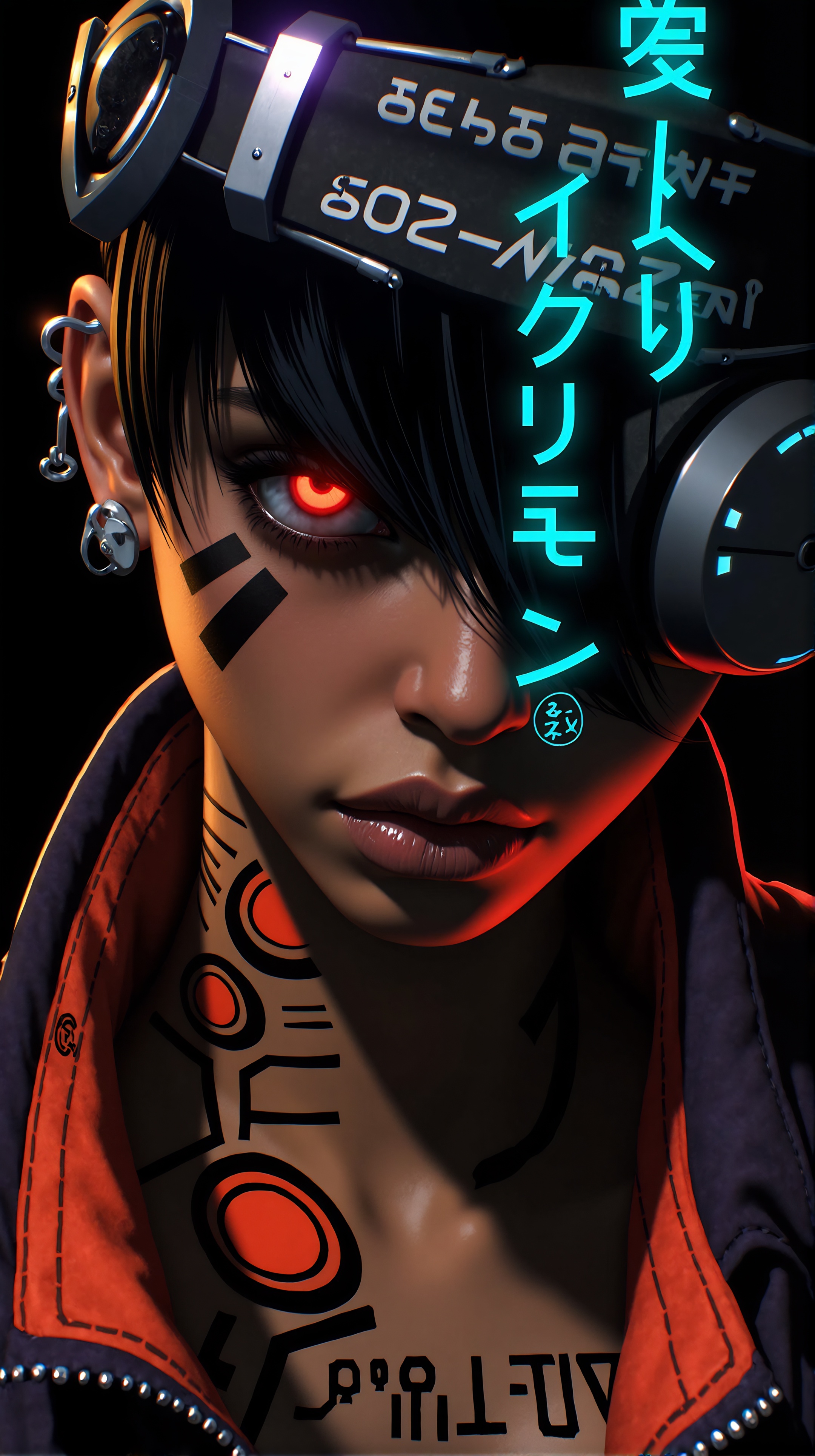 Prompt: Cyberpunk portrait, photo-realistic characters, high-tech neon glow, glitch effects, futuristic interfaces, sci-fi fashion, moody lighting, synthetic textures, Japanese/Asian script overlay, dystopian aesthetic