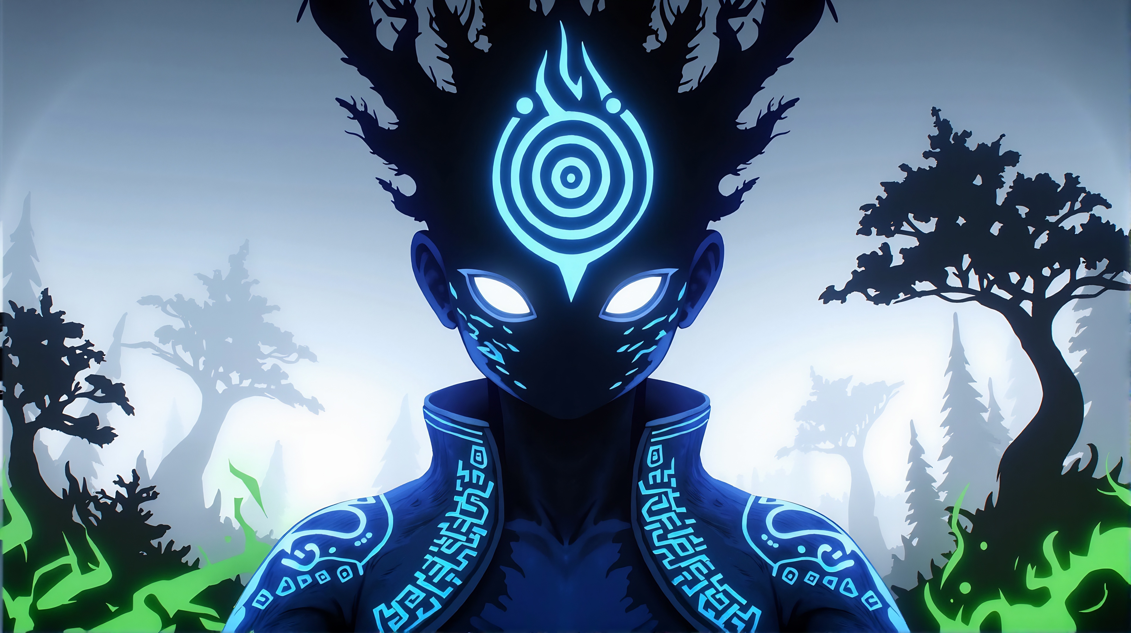 Prompt: A glowing-eyed forest spirit with antlers, standing in a misty, haunted woodland. Bioluminescent markings flow across its body like ancient runes. The creature is a dark silhouette with flowing tendrils, merging into twisted tree shapes. Cinematic lighting, high contrast, eerie green-blue glow, moody digital painting style, supernatural atmosphere.