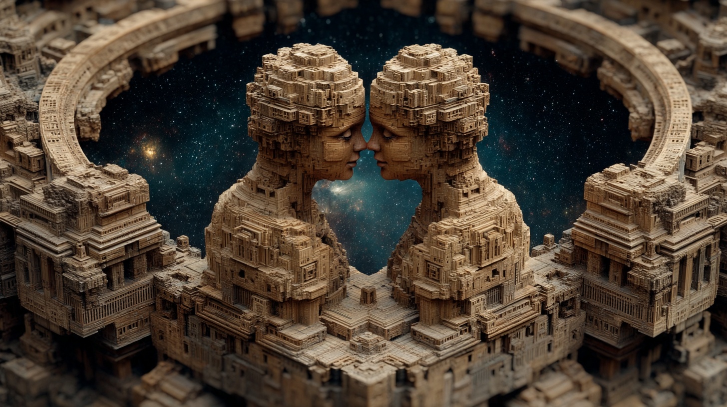 Prompt: Craft a 3D illustration with a macro photography feel, depicting a couple composed of blocks in an embrace, set against a sci-fi space backdrop. The figures should be rendered in light bronze and brown tones, suggesting the intricate work of a wood sculptor, with a focus on symmetry, harmony, and the interplay of stripes and shapes. The macro photo effect should provide an up-close view that captures the texture and detail of the materials, with a shallow depth of field blurring the cosmic background, all within a wide ratio frame.