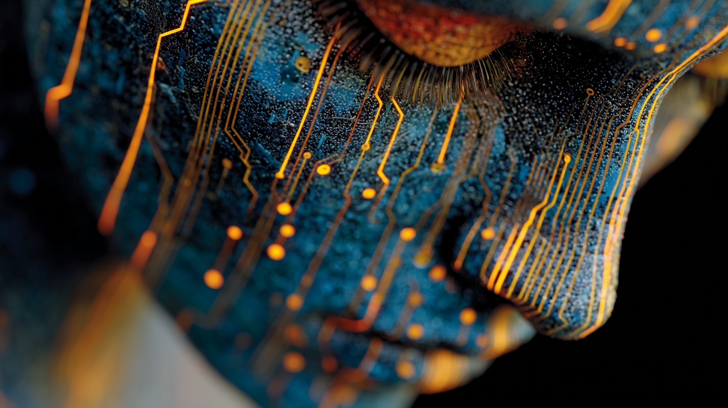 Prompt: Digital human face with a similar style to a circuit board, featuring vibrant neon lines in blue and orange against a black background with vertical lines. The face should be symmetrical, with the lines forming the contours and features of the face in a continuous flow. The image should evoke a sense of futuristic digital art and technology, with a strong contrast between the bright neon lines and the dark background.