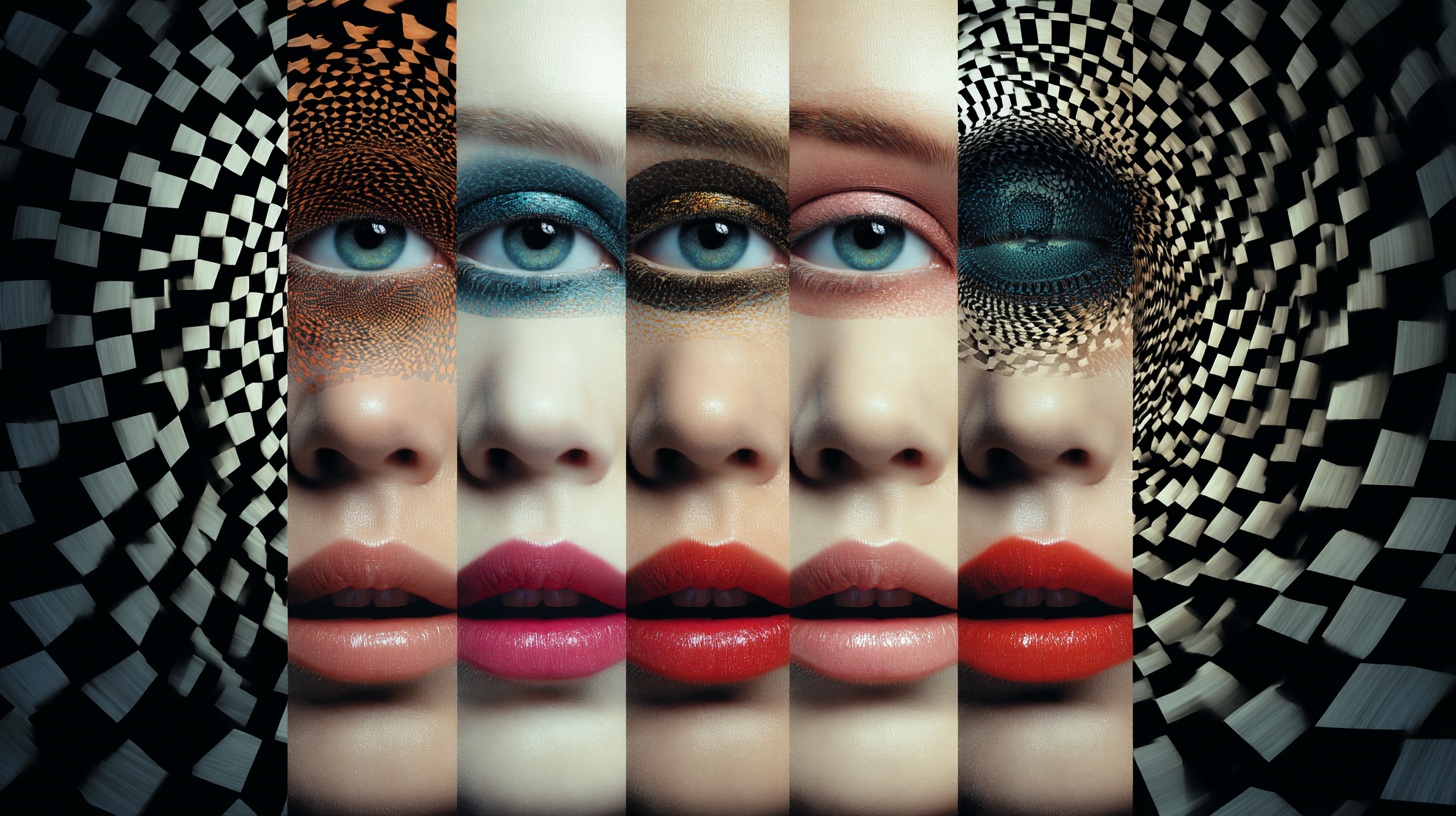 Prompt: A series of beautiful female faces in the style of digital surrealism. A symmetrical grid of a group of women with different eye colors and lips in front of an endless mirror maze.