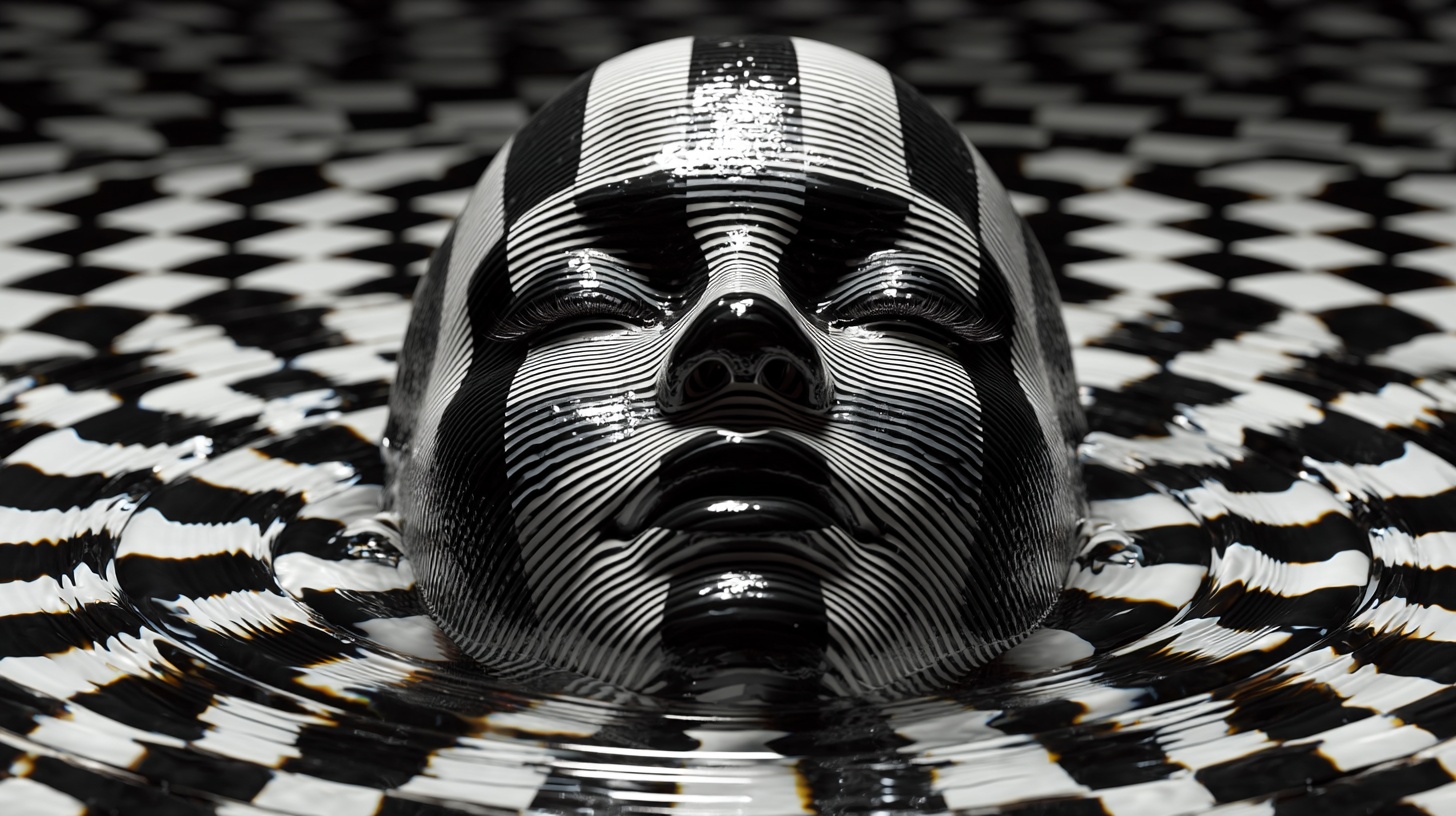 Prompt: checkerboard liquid pouring over striped head