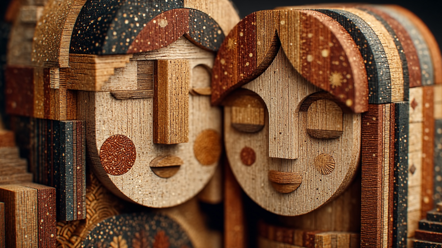 Prompt: Craft a 3D illustration with a macro photography feel, depicting a couple composed of blocks in an embrace, set against a sci-fi space backdrop. The figures should be rendered in light bronze and brown tones, suggesting the intricate work of a wood sculptor, with a focus on symmetry, harmony, and the interplay of stripes and shapes. The macro photo effect should provide an up-close view that captures the texture and detail of the materials, with a shallow depth of field blurring the cosmic background, all within a wide ratio frame.
