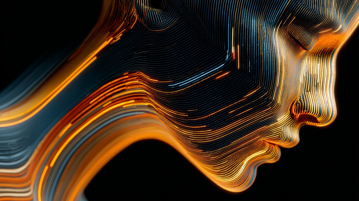 Prompt: Digital human face with a similar style to a circuit board, featuring vibrant neon lines in blue and orange against a black background with vertical lines. The face should be symmetrical, with the lines forming the contours and features of the face in a continuous flow. The image should evoke a sense of futuristic digital art and technology, with a strong contrast between the bright neon lines and the dark background.