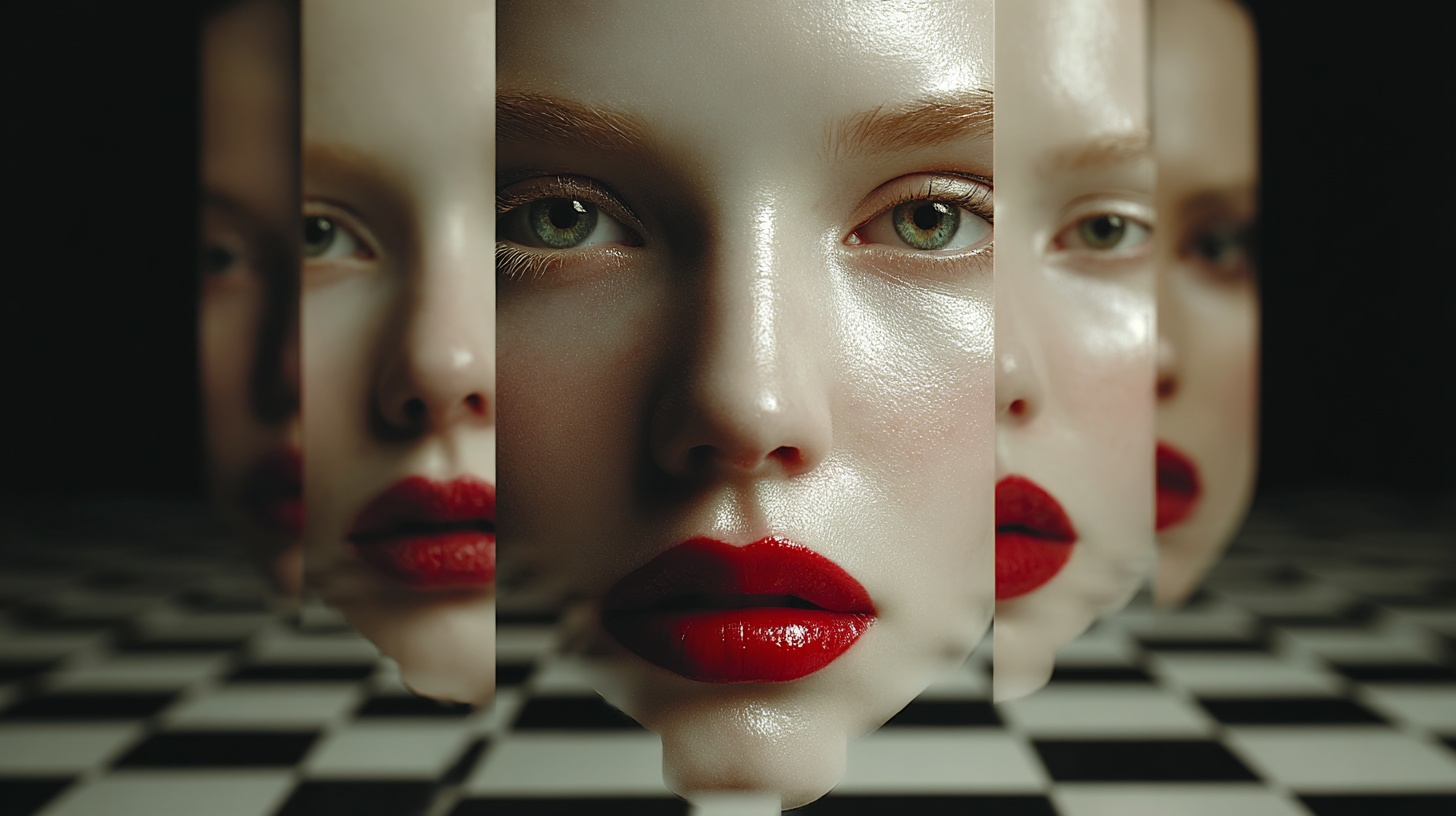 Prompt: A series of beautiful female faces in the style of digital surrealism. A symmetrical grid of a group of women with different eye colors and lips in front of an endless mirror maze.