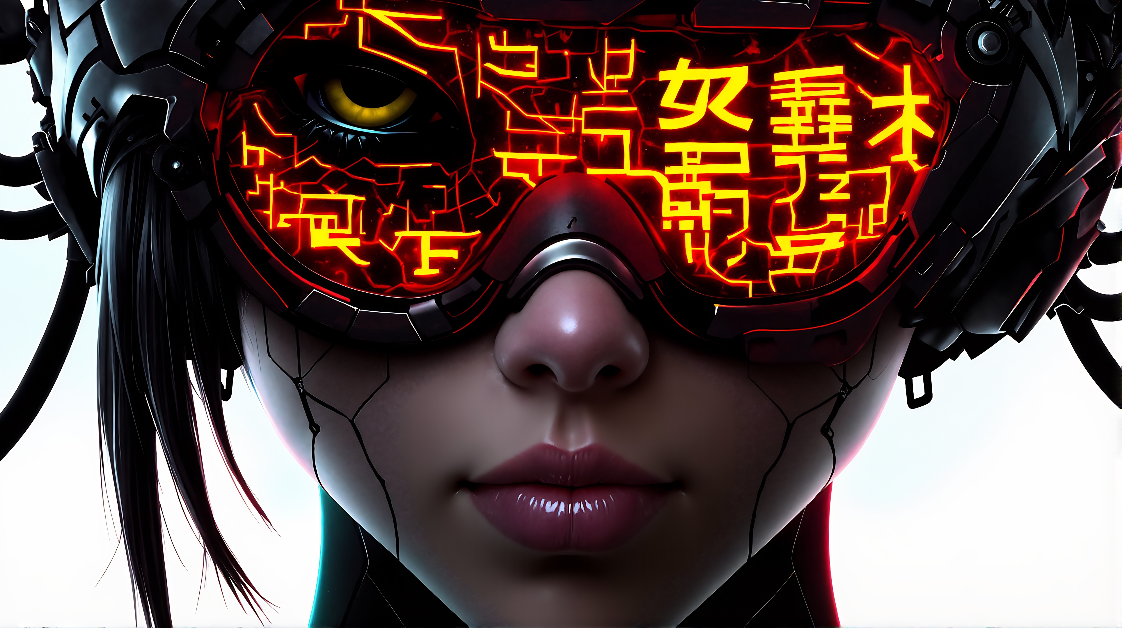 Prompt: a futuristic android face in a circuit concept, in the style of illusory hyperrealism, bold, black lines, neo-academism, scott adams, digital as manual, data visualization