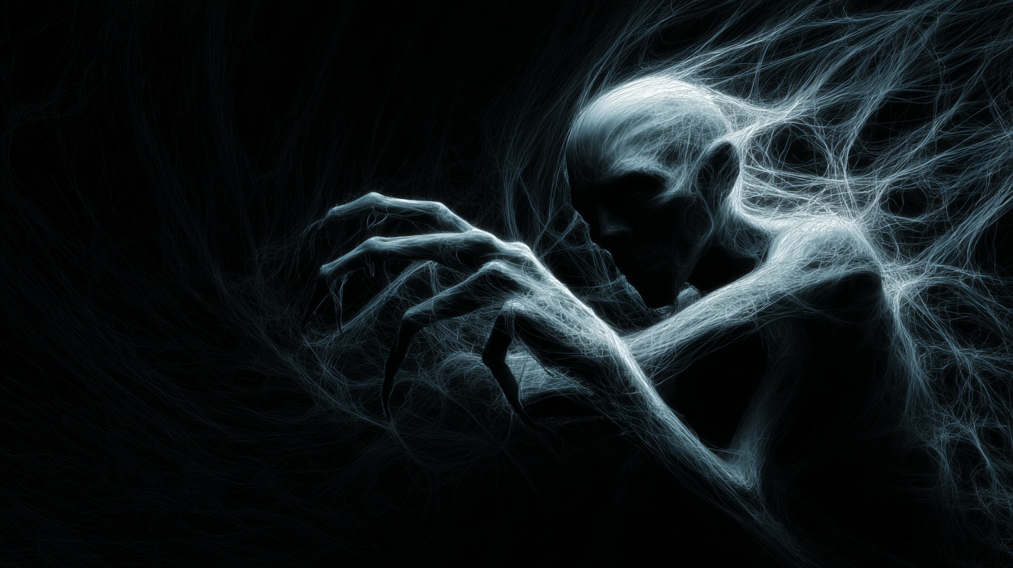 Prompt: Twisted, spectral forms, claw their way from a swirling vortex of shadows