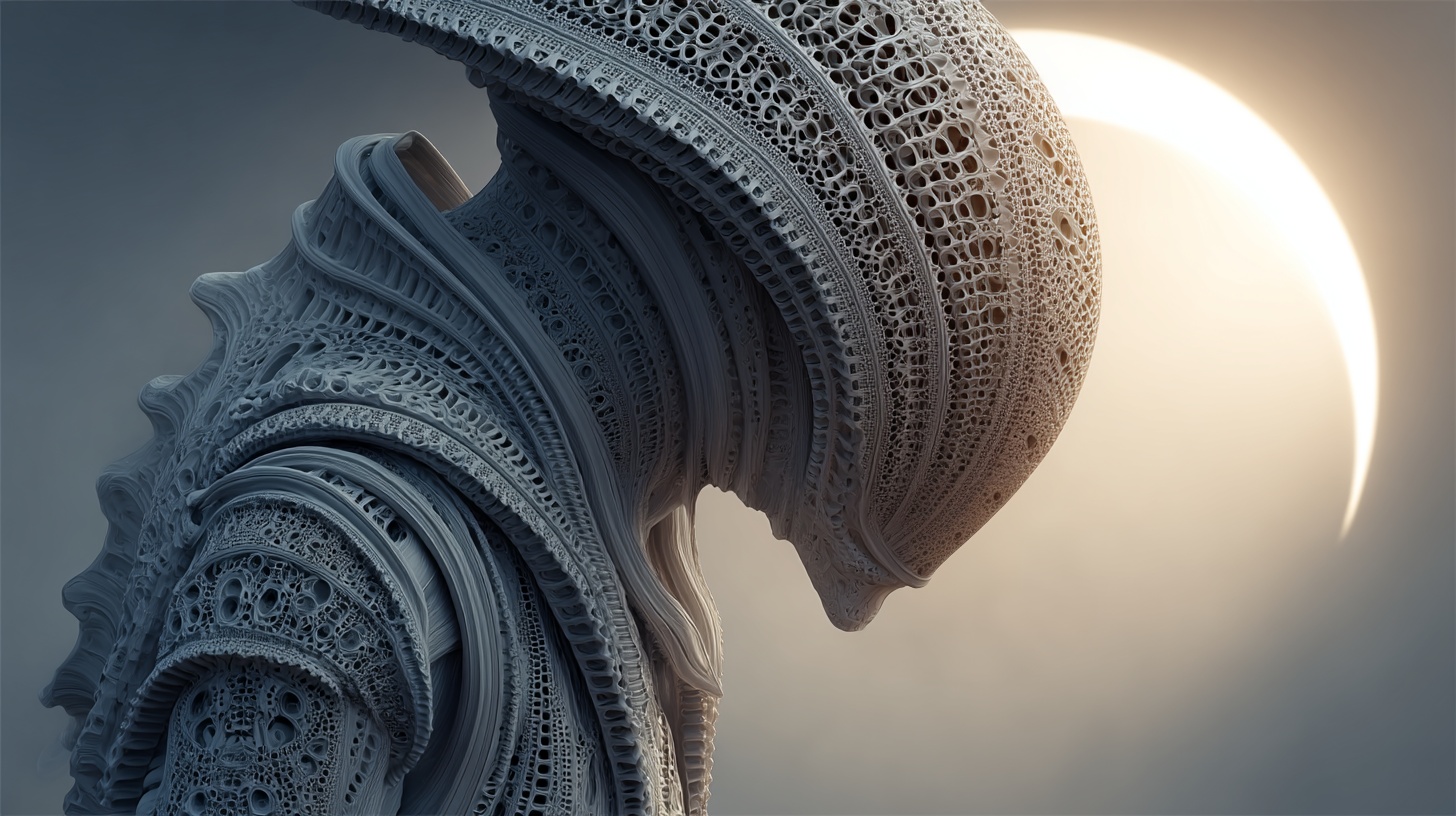 Prompt: surreal organic 3d alien emerge from the dark, extreme depth of field