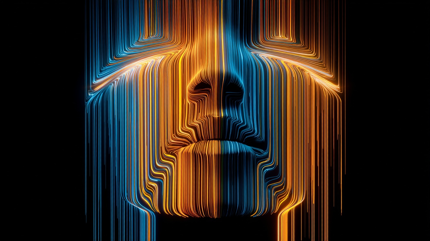 Prompt: Digital human face with a similar style to a circuit board, featuring vibrant neon lines in blue and orange against a black background with vertical lines. The face should be symmetrical, with the lines forming the contours and features of the face in a continuous flow. The image should evoke a sense of futuristic digital art and technology, with a strong contrast between the bright neon lines and the dark background.