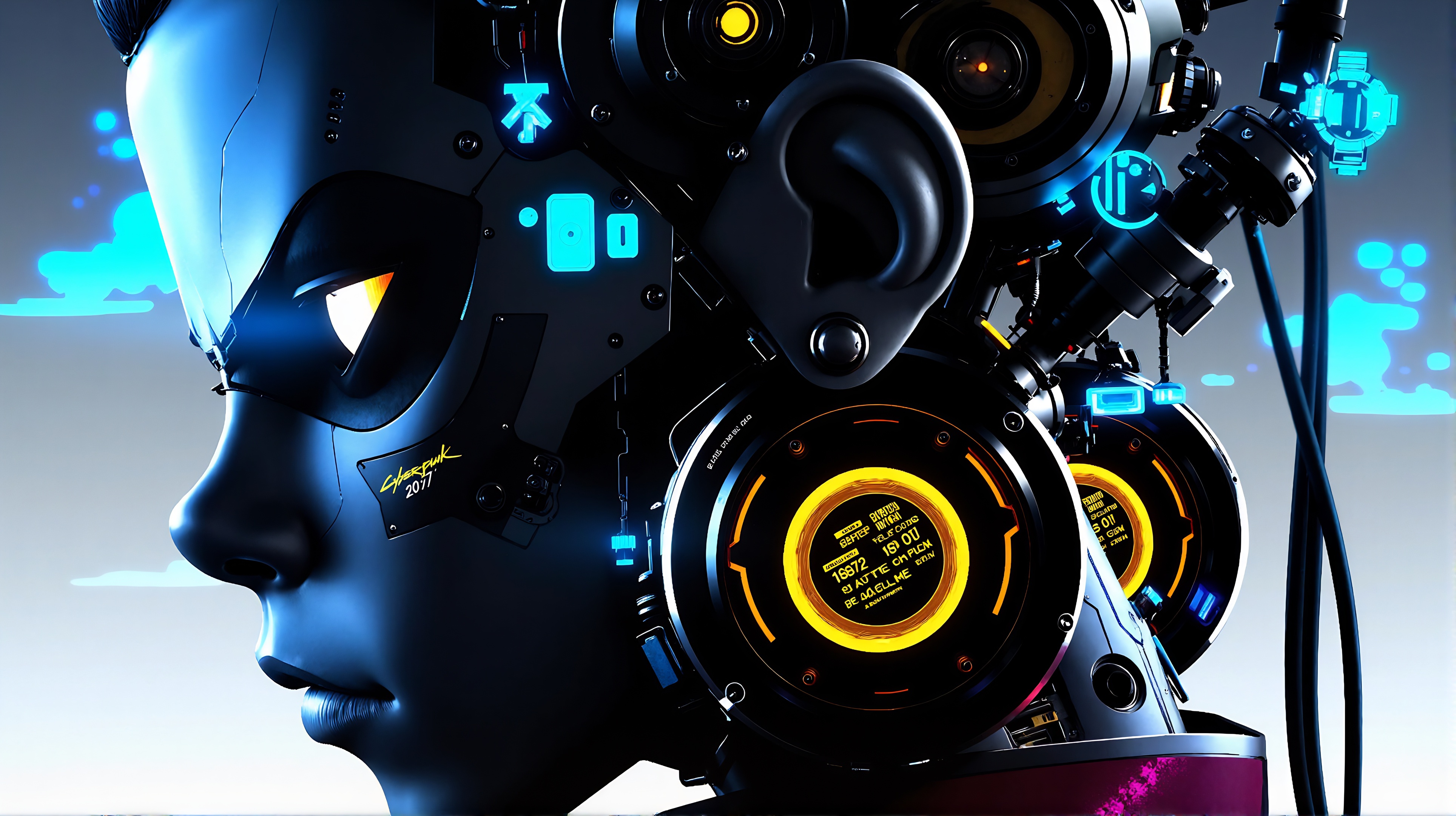 Prompt: a futuristic android face in a circuit concept, in the style of illusory hyperrealism, bold, black lines, neo-academism, scott adams, digital as manual, data visualization