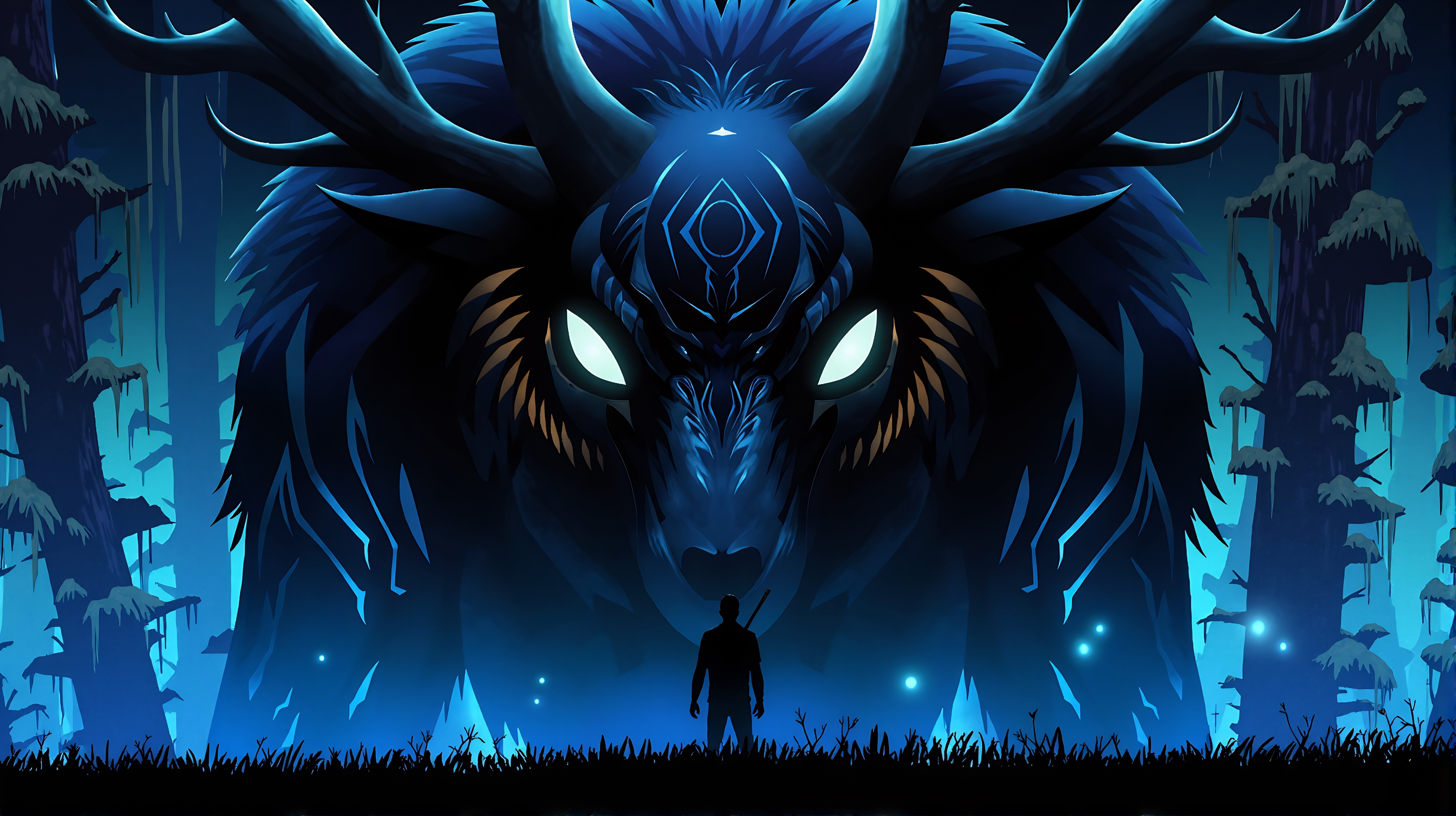 Prompt: A glowing-eyed forest spirit with antlers, standing in a misty, haunted woodland. Bioluminescent markings flow across its body like ancient runes. The creature is a dark silhouette with flowing tendrils, merging into twisted tree shapes. Cinematic lighting, high contrast, eerie green-blue glow, moody digital painting style, supernatural atmosphere.