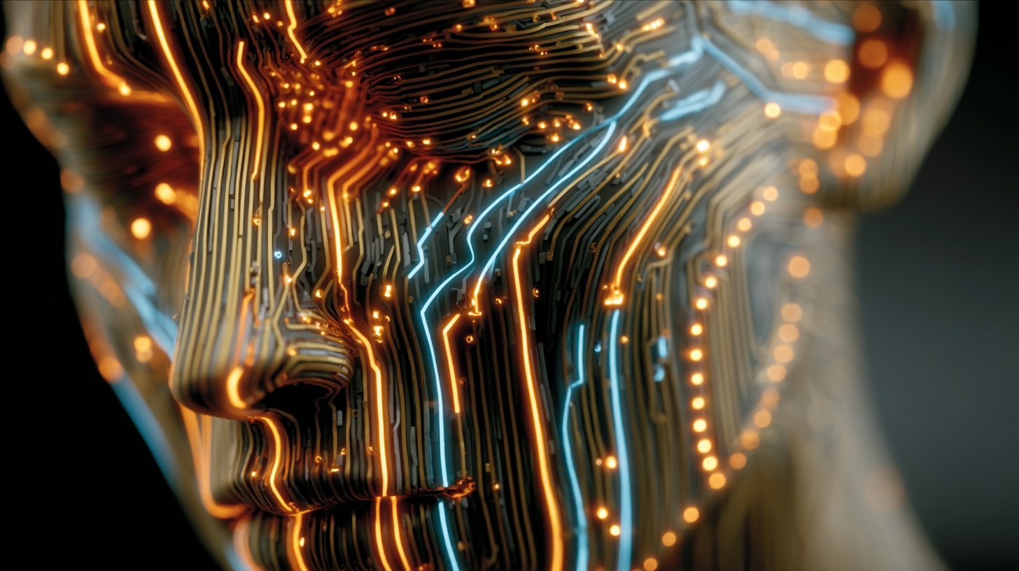 Prompt: Digital human face with a similar style to a circuit board, featuring vibrant neon lines in blue and orange against a black background with vertical lines. The face should be symmetrical, with the lines forming the contours and features of the face in a continuous flow. The image should evoke a sense of futuristic digital art and technology, with a strong contrast between the bright neon lines and the dark background.