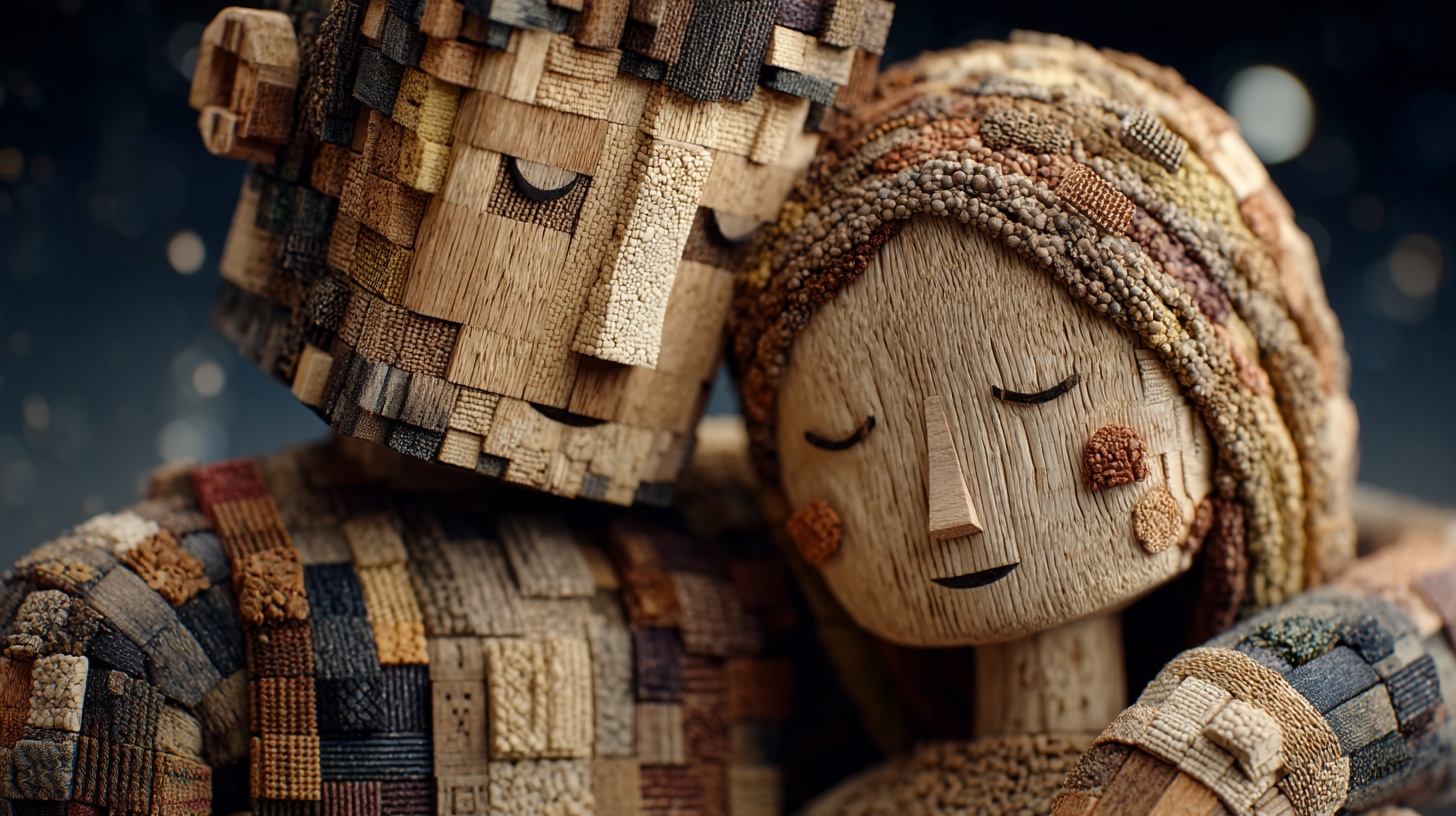 Prompt: Craft a 3D illustration with a macro photography feel, depicting a couple composed of blocks in an embrace, set against a sci-fi space backdrop. The figures should be rendered in light bronze and brown tones, suggesting the intricate work of a wood sculptor, with a focus on symmetry, harmony, and the interplay of stripes and shapes. The macro photo effect should provide an up-close view that captures the texture and detail of the materials, with a shallow depth of field blurring the cosmic background, all within a wide ratio frame.