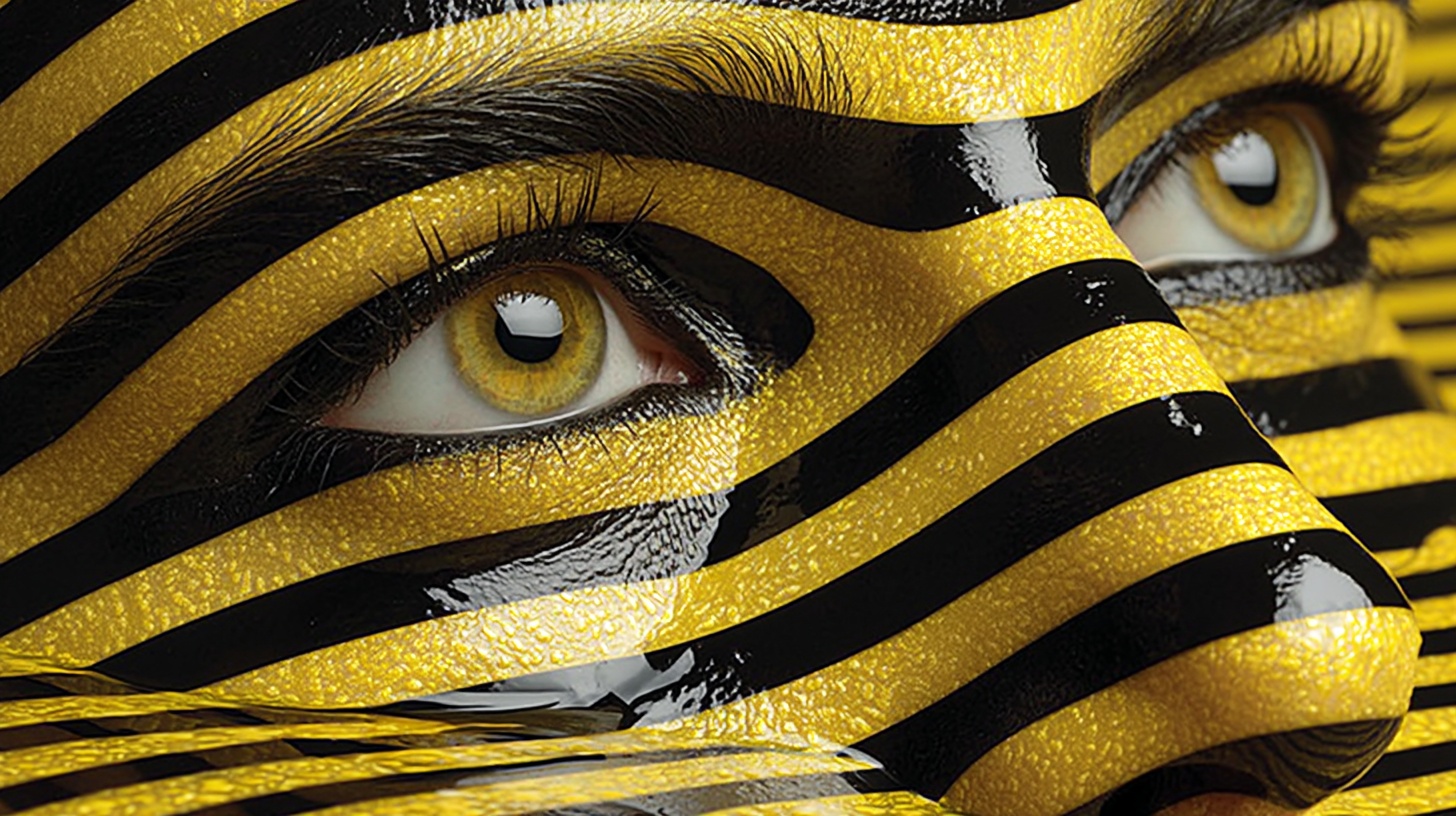 Prompt: striped face emerge from the striped liquid
