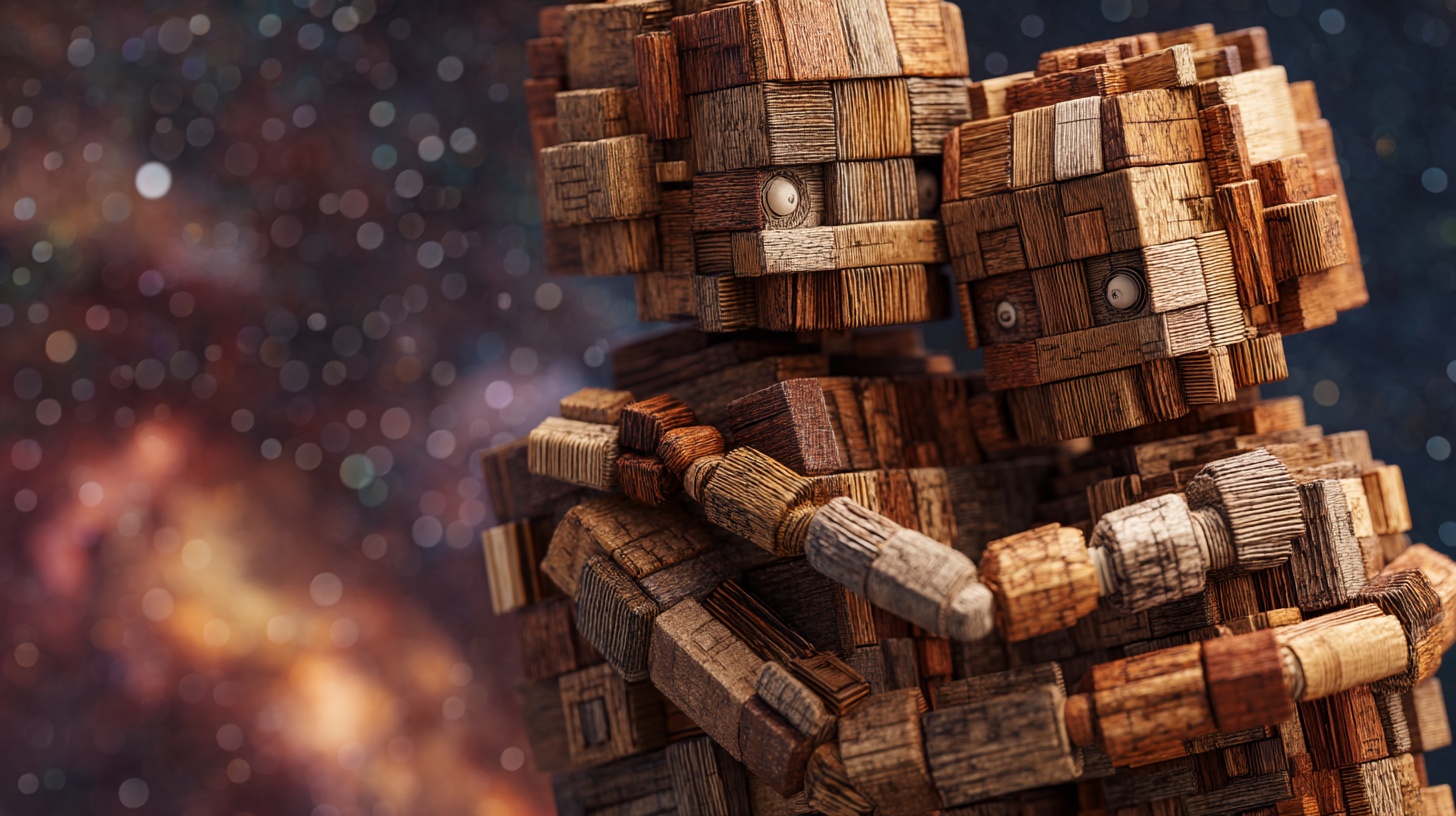 Prompt: Craft a 3D illustration with a macro photography feel, depicting a couple composed of blocks in an embrace, set against a sci-fi space backdrop. The figures should be rendered in light bronze and brown tones, suggesting the intricate work of a wood sculptor, with a focus on symmetry, harmony, and the interplay of stripes and shapes. The macro photo effect should provide an up-close view that captures the texture and detail of the materials, with a shallow depth of field blurring the cosmic background, all within a wide ratio frame.