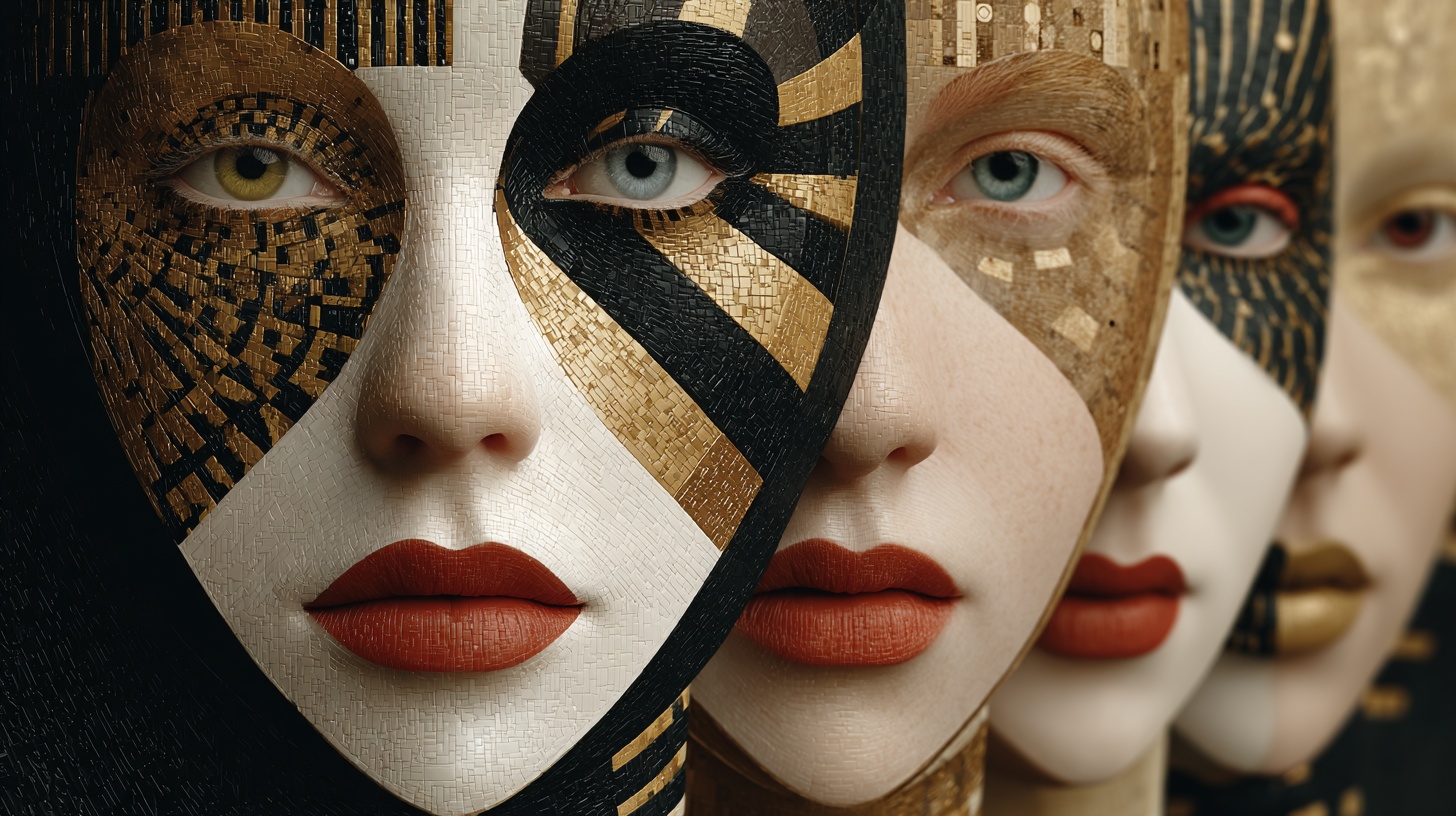 Prompt: A series of beautiful female faces in the style of digital surrealism. A symmetrical grid of a group of women with different eye colors and lips in front of an endless mirror maze.